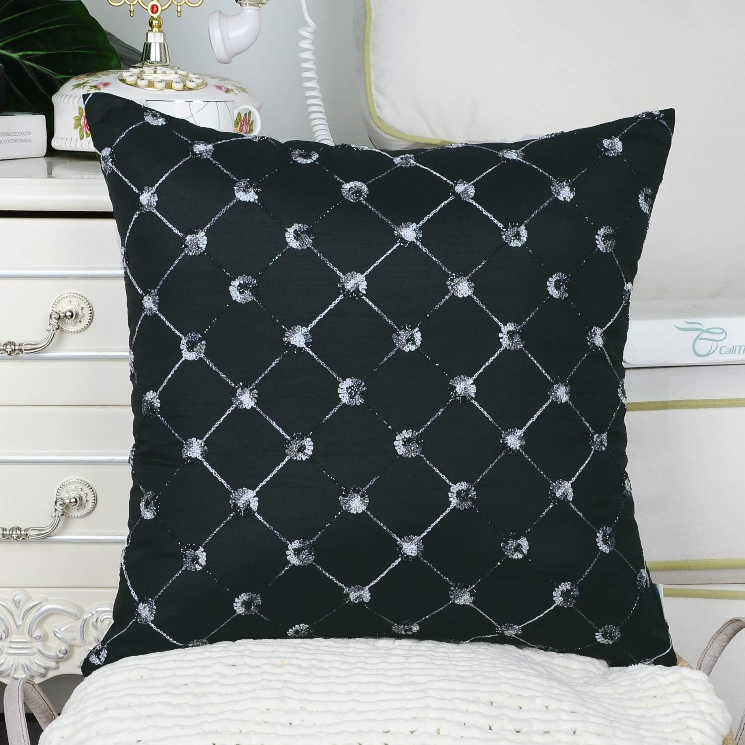 CaliTime Pack of 2 Cushion Covers Throw Pillow Cases Shells for Sofa Couch Home Decoration 18 X 18 Inches Modern Diamonds Shape Geometric Chain Embroidered Black