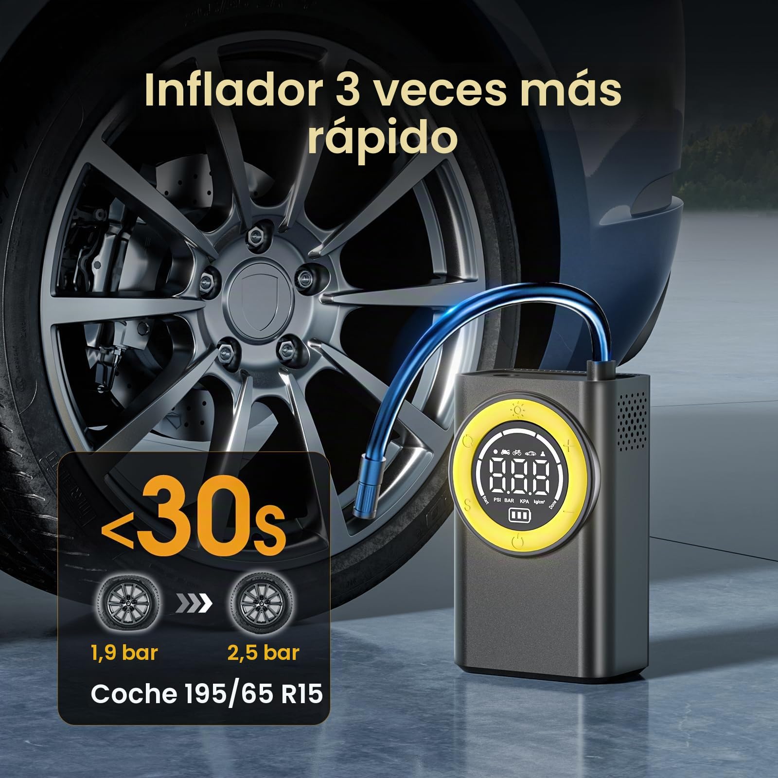 Compresor de aire portátil para neumáticos, bomba de aire inalámbrica de 150 PSI, inflador de neumáticos portátil con medidor de presión digital y luz LED