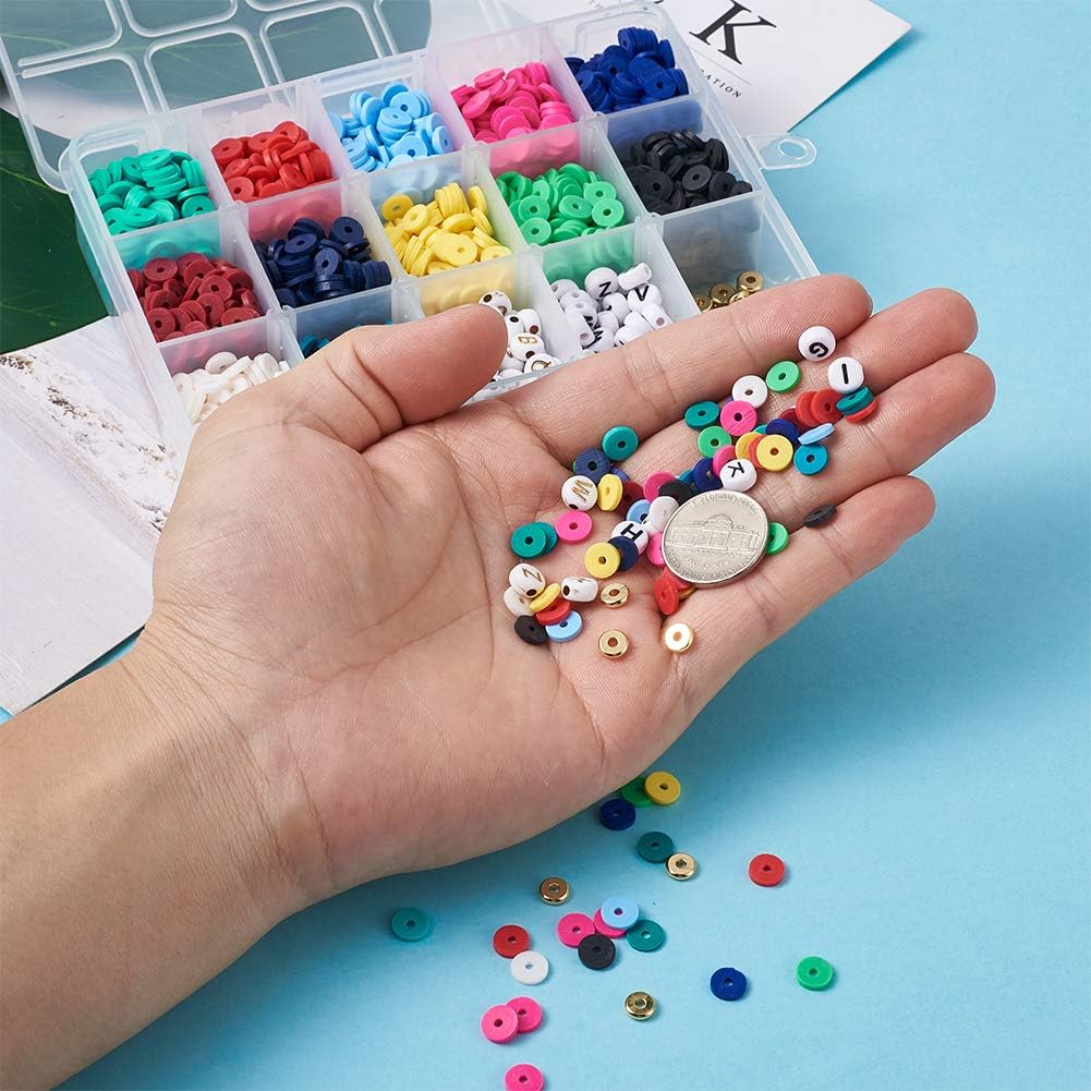 Pandahall 4560pcs 6mm Flat Round Polymer Clay Disc Beads Kits 12colors Heishi Loose Beads with Acrylic Alphabet Pony Beads Brass Spacer Beads for Bohemian Jewelry Making