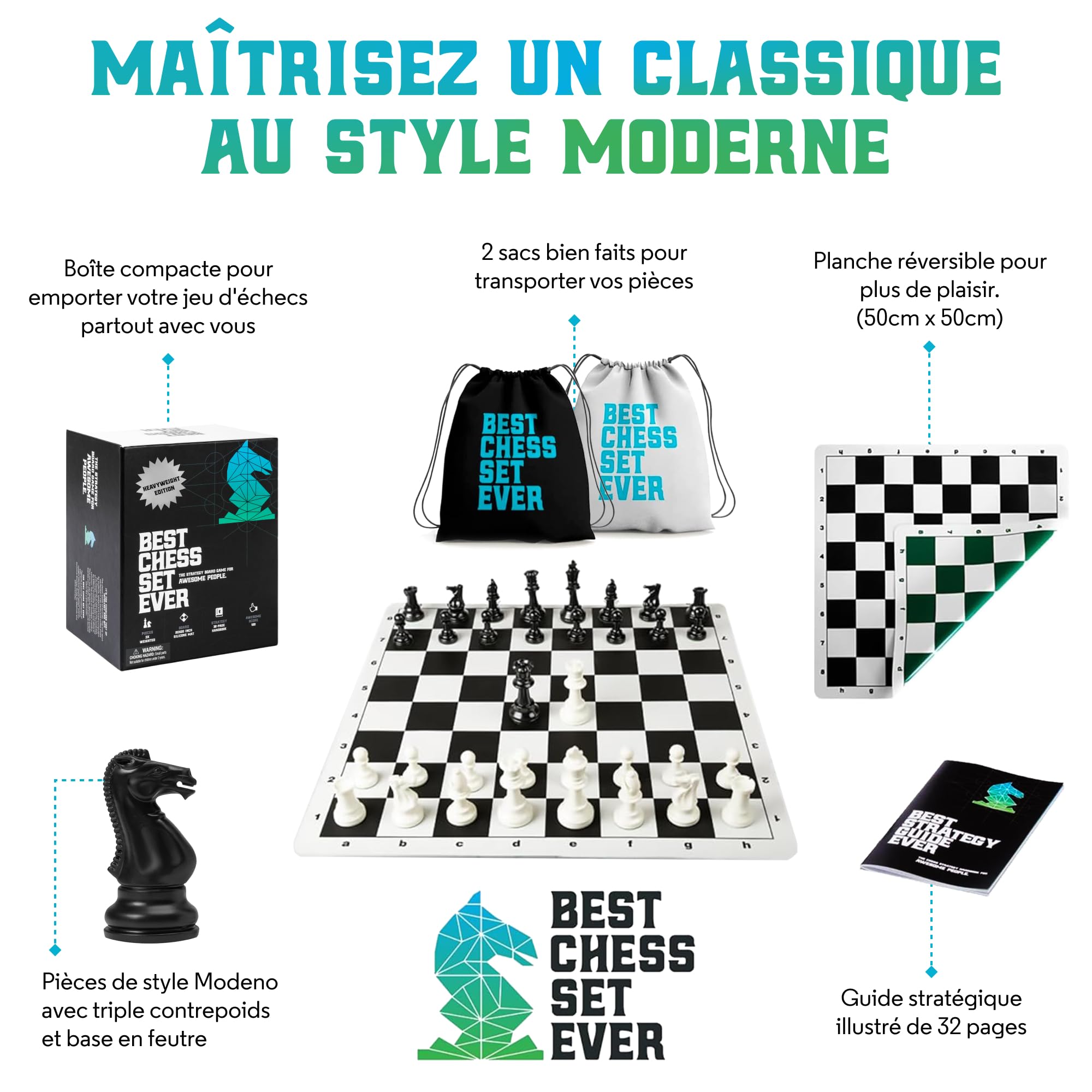 Best Chess Set Ever 3X: Jeu d'Échecs Professionnel, Échiquier Silicone Pliable et Réversible 50x50 cm, Pièces Staunton Modernes à Poids Triple (Roi 10,3 cm), Échecs Tournoi pour Adultes et Enfants