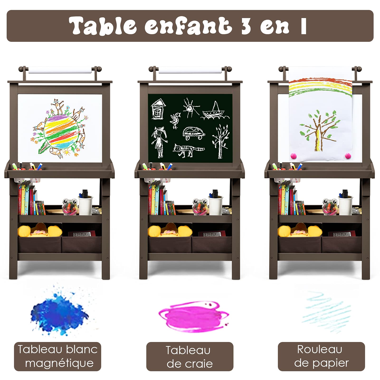 DREAMADE Chevalet Peinture pour Enfants avec Double Faces Noir et Blanc, Table àDessin pour Fille et Garçon avec 2 Étagères de Rangement, Multifonctionnel avec Accessoires Riches (Café)