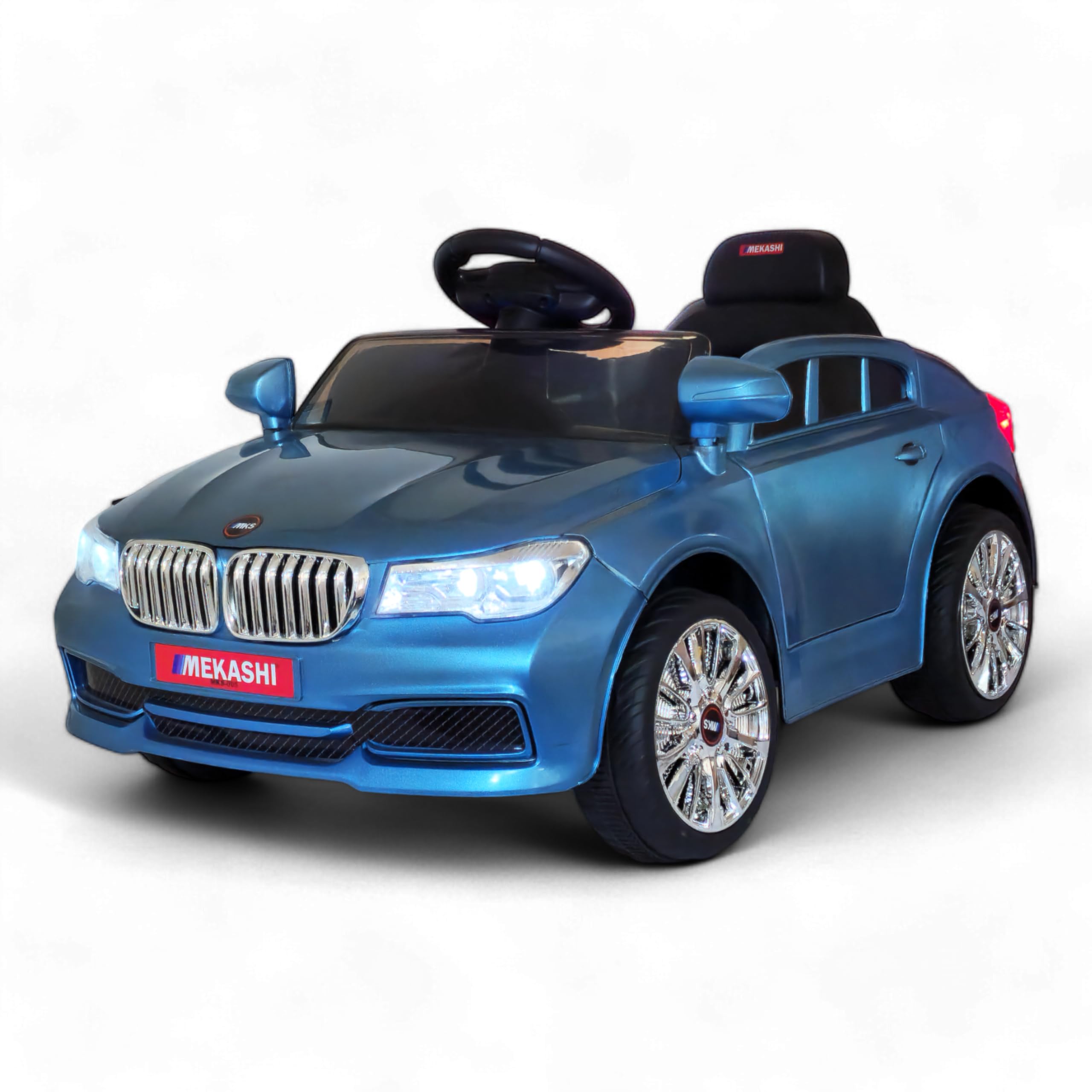 MEKASHI Battery Operated Ride-On Car for Kids 1-4 Years, 12V Electric | Metallic Blue, Parent Remote, Bluetooth Music, LED Lights, Swing Mode, 3 Speed Control