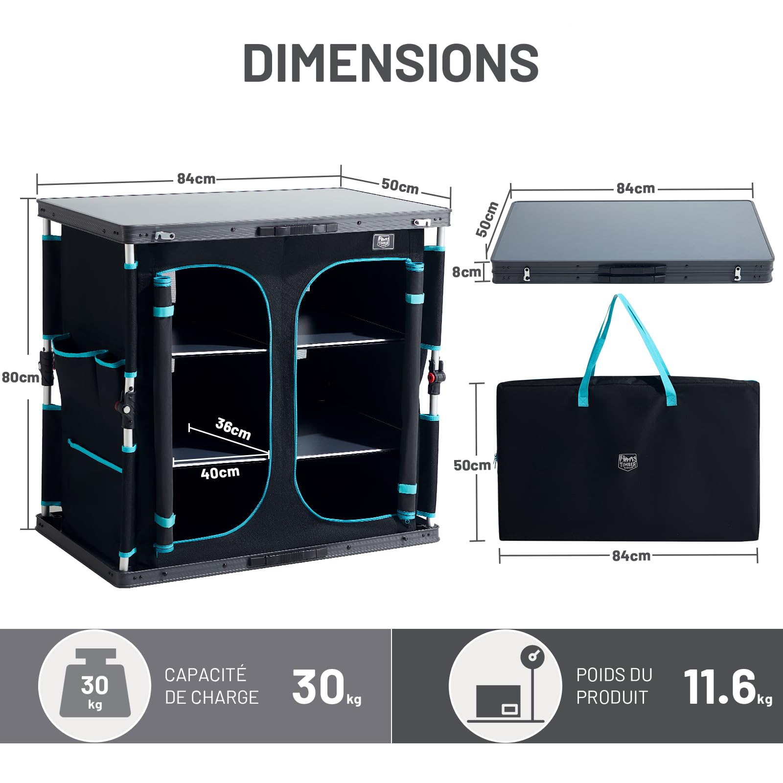 TIMBER RIDGE Meuble de rangement pliable pour camping, cuisine de camping, meuble d'extérieur portable avec 6 compartiments de rangement et grande table, cadre en aluminium pour pique-nique, jardin