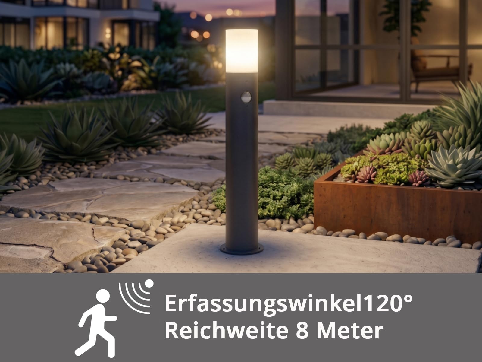 meineWunschleuchte Wege-Leuchte mit Bewegungsmelder Aluminium Anthrazit | mit E27 LED, Höhe 80cm, moderne Pollerleuchte, Schutzklasse IP44, für Wegbeleuchtung Garten Außen