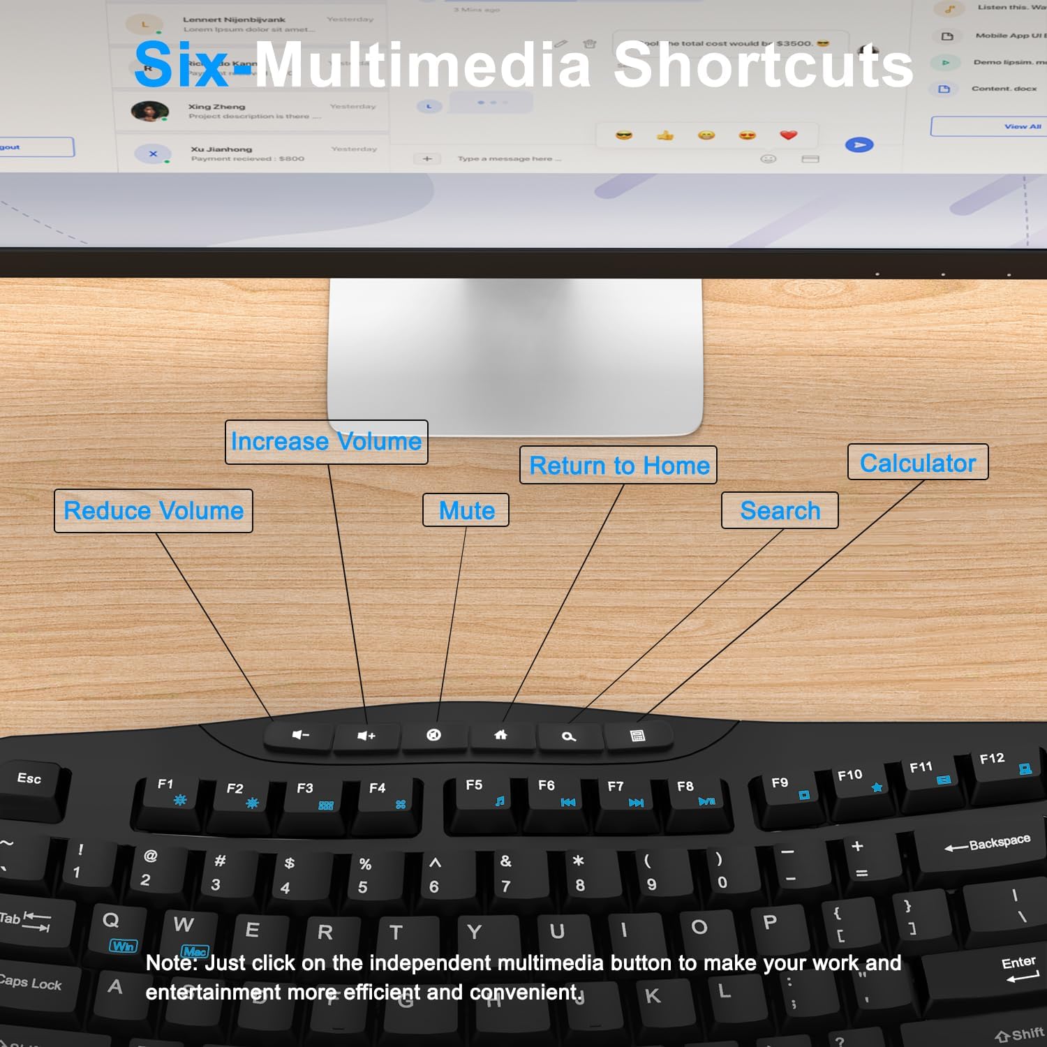 Wireless Keyboard and Mouse Combo, Ergonomic Keyboard with 6 Multimedia Keys, 2.4G Full Size Keyboard with Wrist Rest, 3-Level DPI Wireless Silent Mouse with 6-Buttons, for Windows (Dark Black) 4