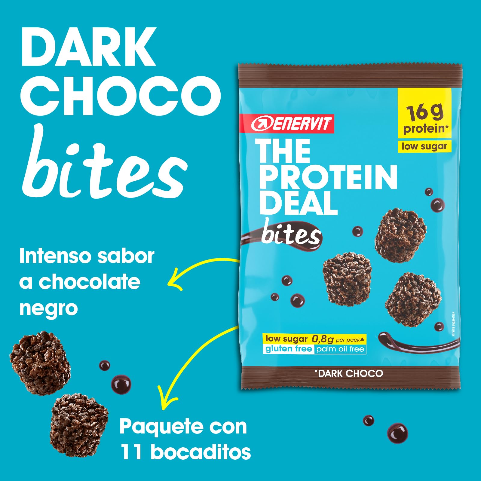 Enervit, Bocados de Proteína con Chocolate Negro y Pepitas de Soja, Porción Individual, 16 Gramos de Proteína para Mantener el Tono Muscular, Sin Gluten, Pack de 10 Minipaquetes de 53 Gramos.