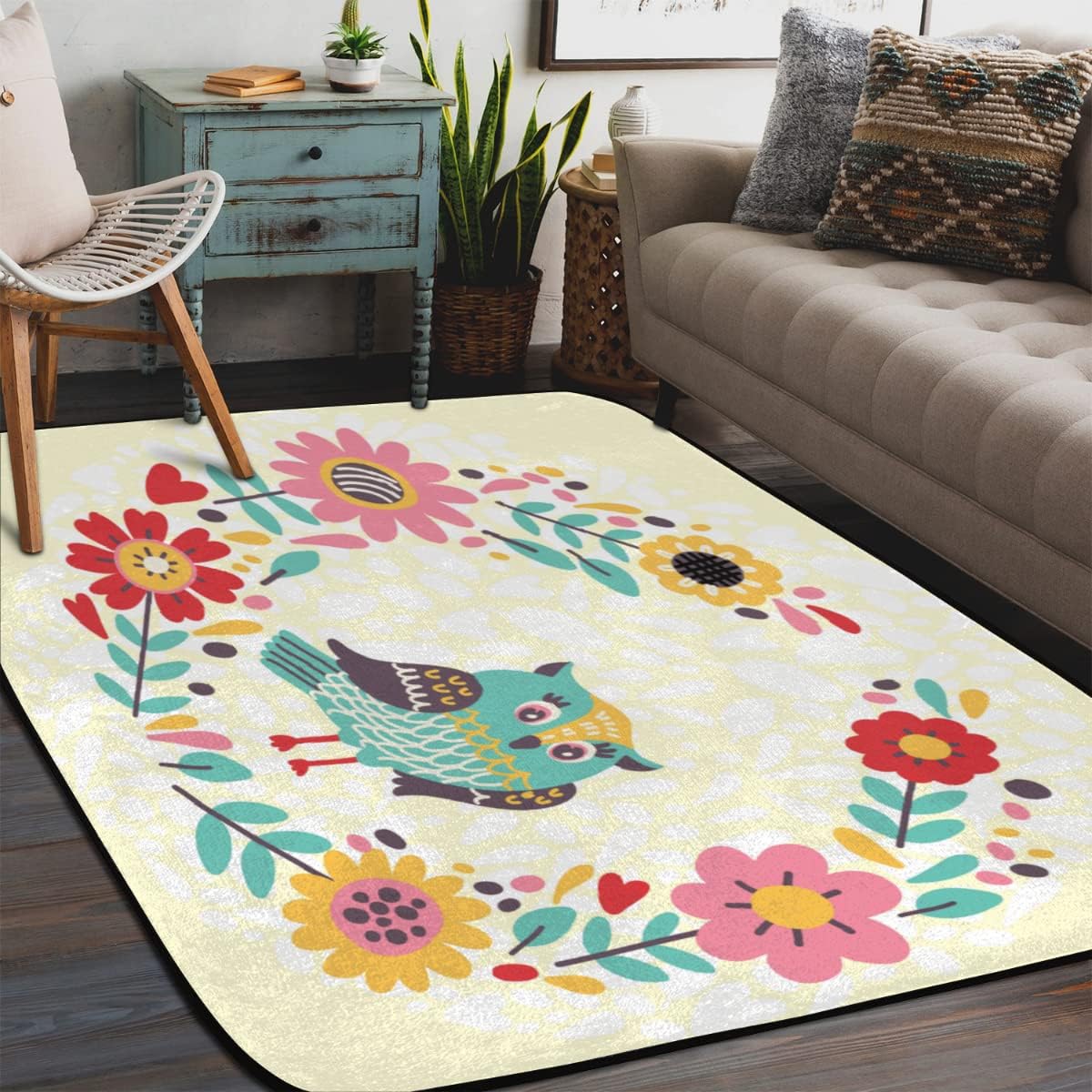 4 x 6 Owl with Flowers Super Soft Area Rug for Kids Baby Nursery, Nursery Children Kids Girls Room Home Decorative, Washable Throw Rugs Non-Slip Soft Floor Mats