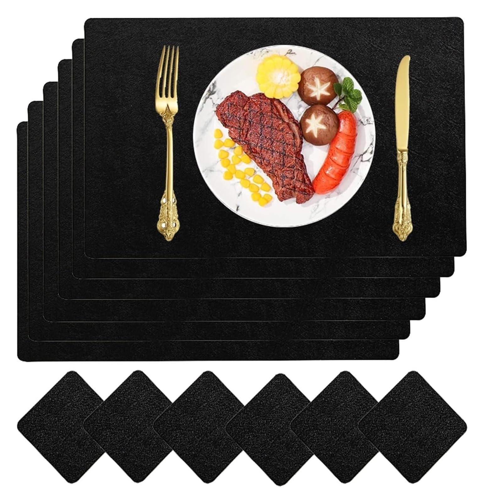 RSRSR Table Mat Stylish Waterproof Placemats with Coasters - Heat Stain Scratch Resistant Table Mats for Dining and Kitchen Decoration(9,Set of 6)(Black,Set of 6)