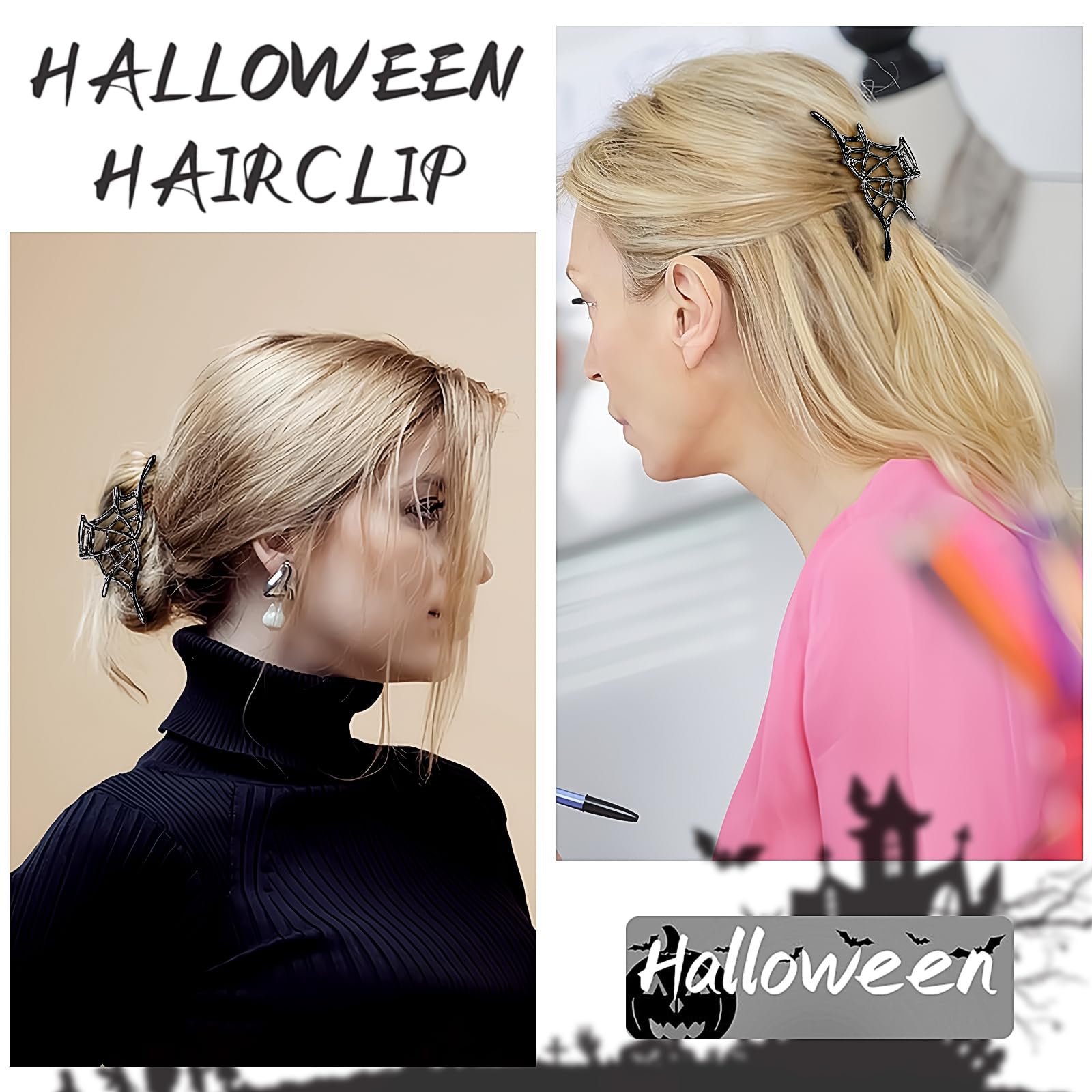3 fermagli per capelli neri gotici grandi, per Halloween, in metallo, con design a ragnatela punk, in acrilico, antiscivolo, per acconciature spesse e sottili