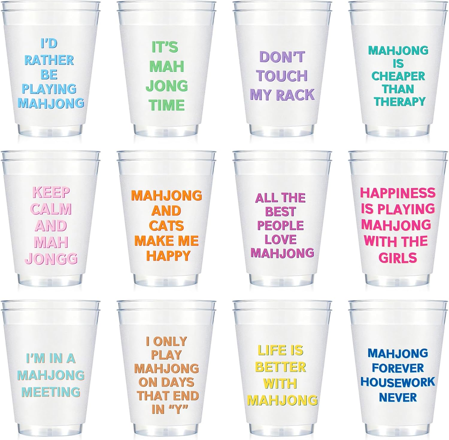 LemonRoad 24 Pcs Mahjong Cups Frosted with Multicolor Funny Phrases Mah Jong Party Supplies Reusable Plastic Mahjong Game Night Cups Gifts for Christmas Birthday Celebration (16 oz,Classic Style)