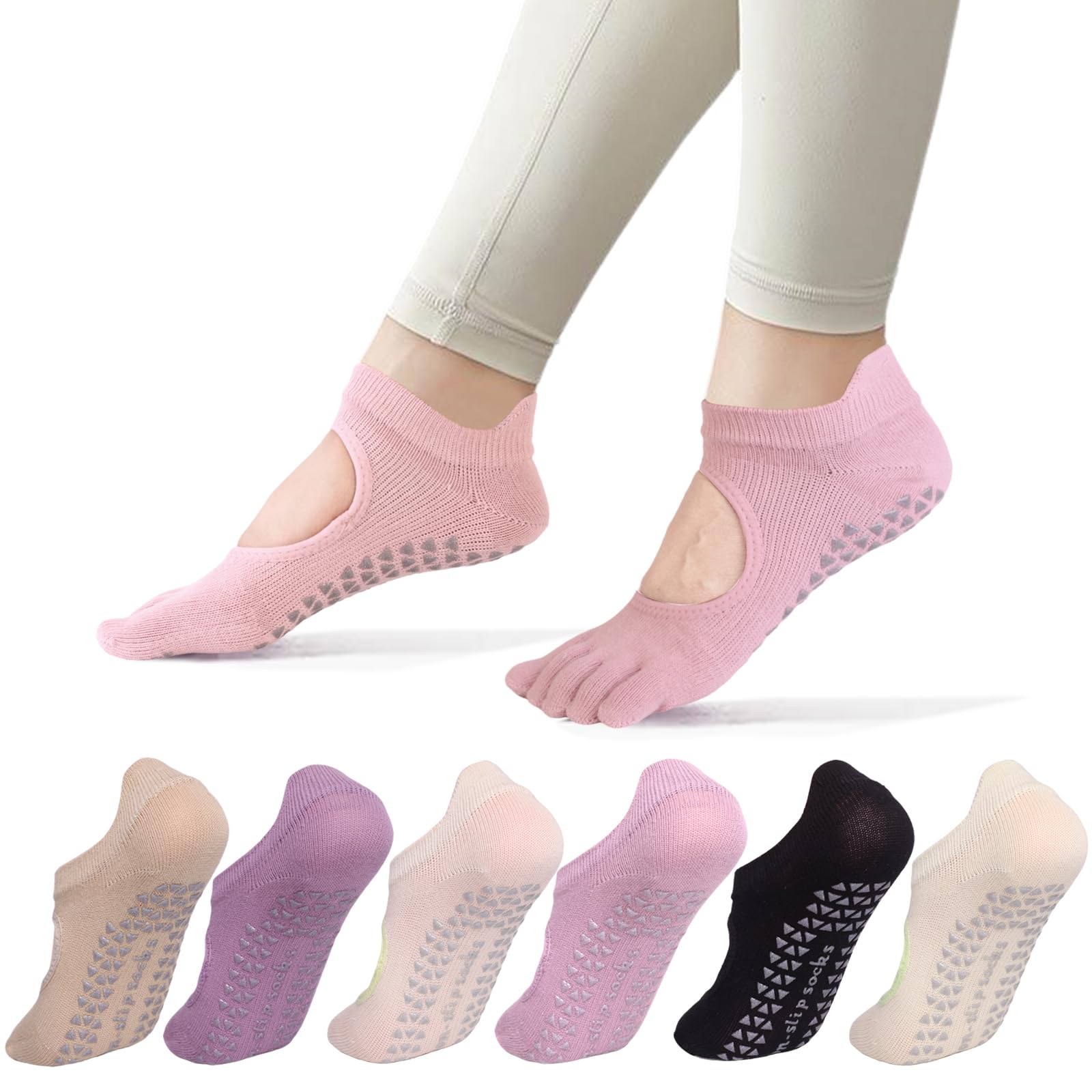 6 Pairs Women's Non-Slip Yoga Socks with Grips – Anti-Slip Silicone Grips Five Toe, Breathable Barre/Pilates for Women, Sticky Grip for Yoga, Pilates, Barre Classes (Same Size Fits Most)