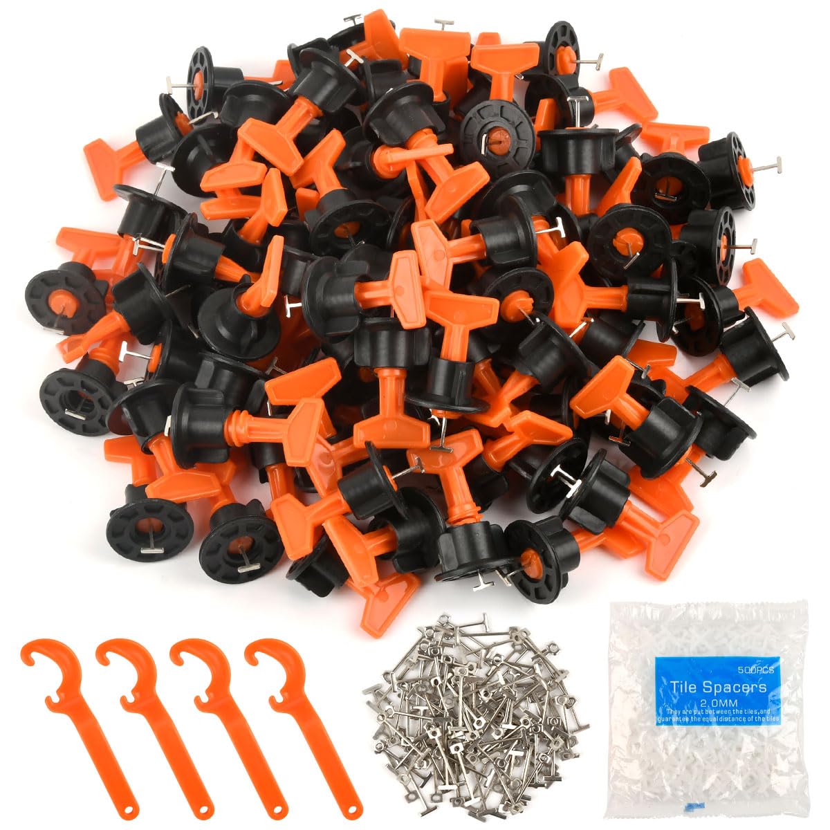 DODUOS Tile Leveling System Kit, 200Pcs Tile Leveler Spacers with 4 Special Wrench, 500Pcs 2mm (1/12") Spacers, 100Pcs T Needles, Tiles Installation Tool Kit for Wall Floor Building