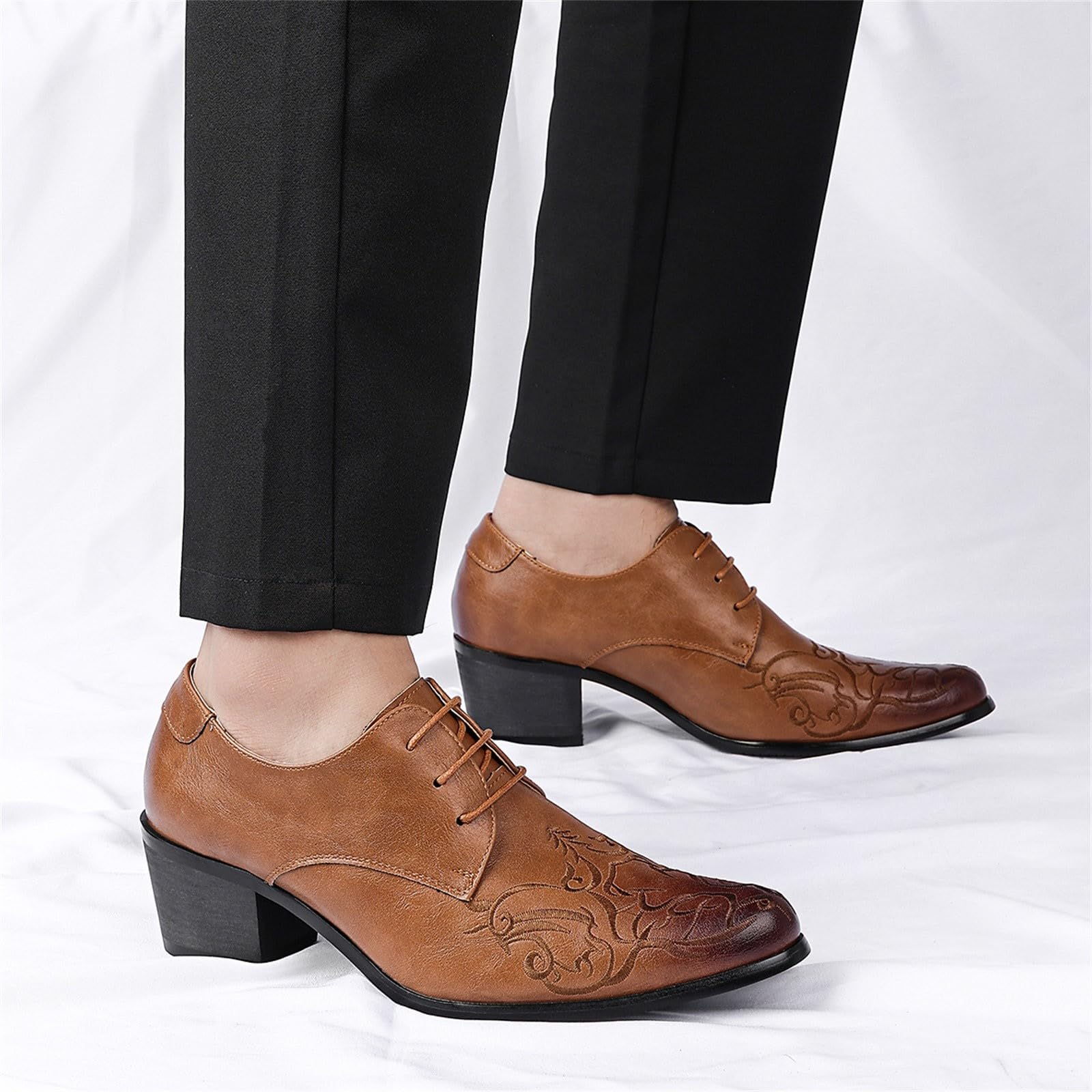 Herren Anzugschuhe Klassische Businessschuhe Elegante Westernstiefel mit kubanischem Absatz bestickte Herrenschuhe Lässige Derby Oxfords Hochzeit Schuhe hohem Absatz im Cowboy Stil