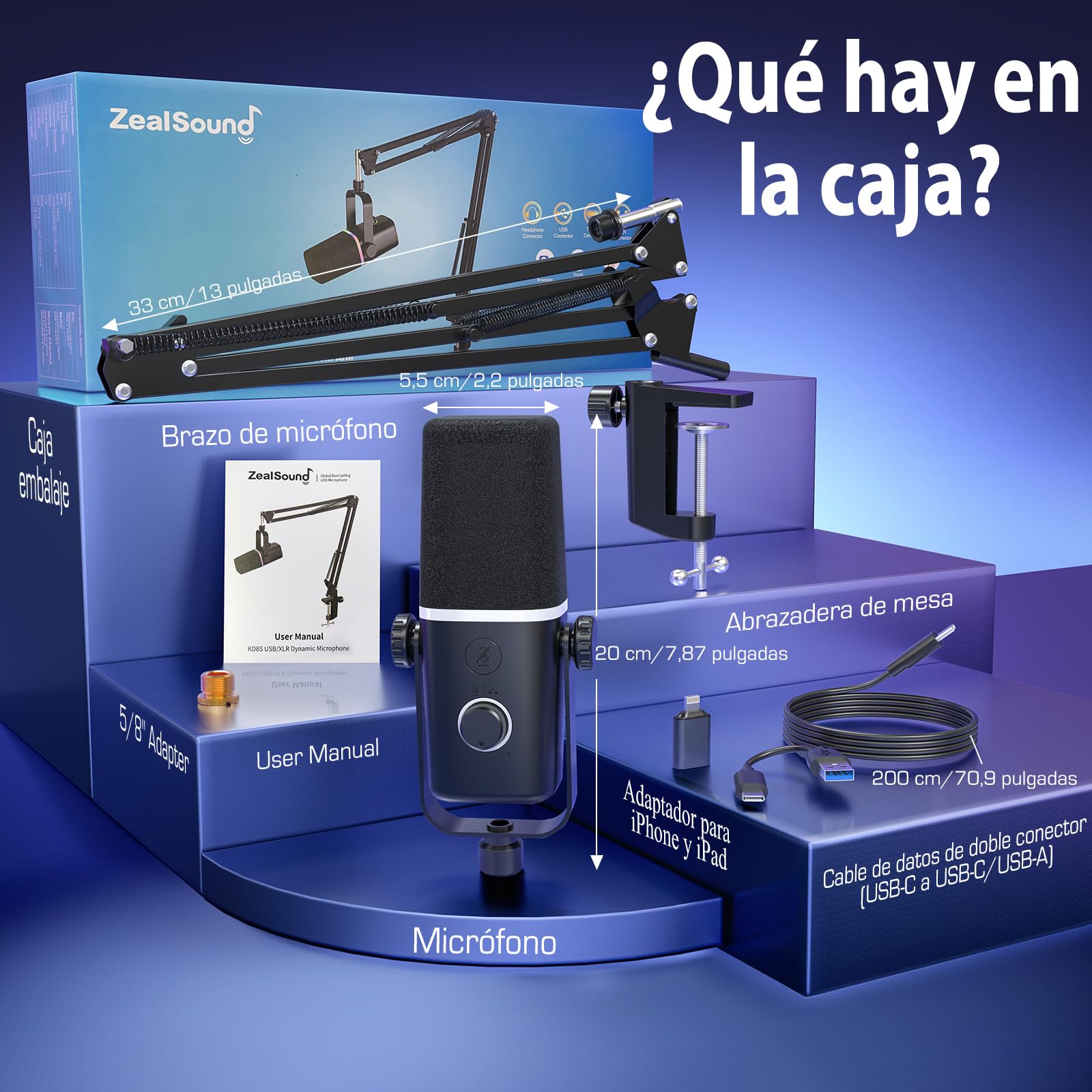 ZealSound Micrófono dinámico USB/XLR, Phone micrófono, Gaming micrófono para teléfono PC, micrófono con luz RGB, Silencio, Conector para Auriculares, Soporte, ASMR/Youtube/Podcast/Streaming/Gaming