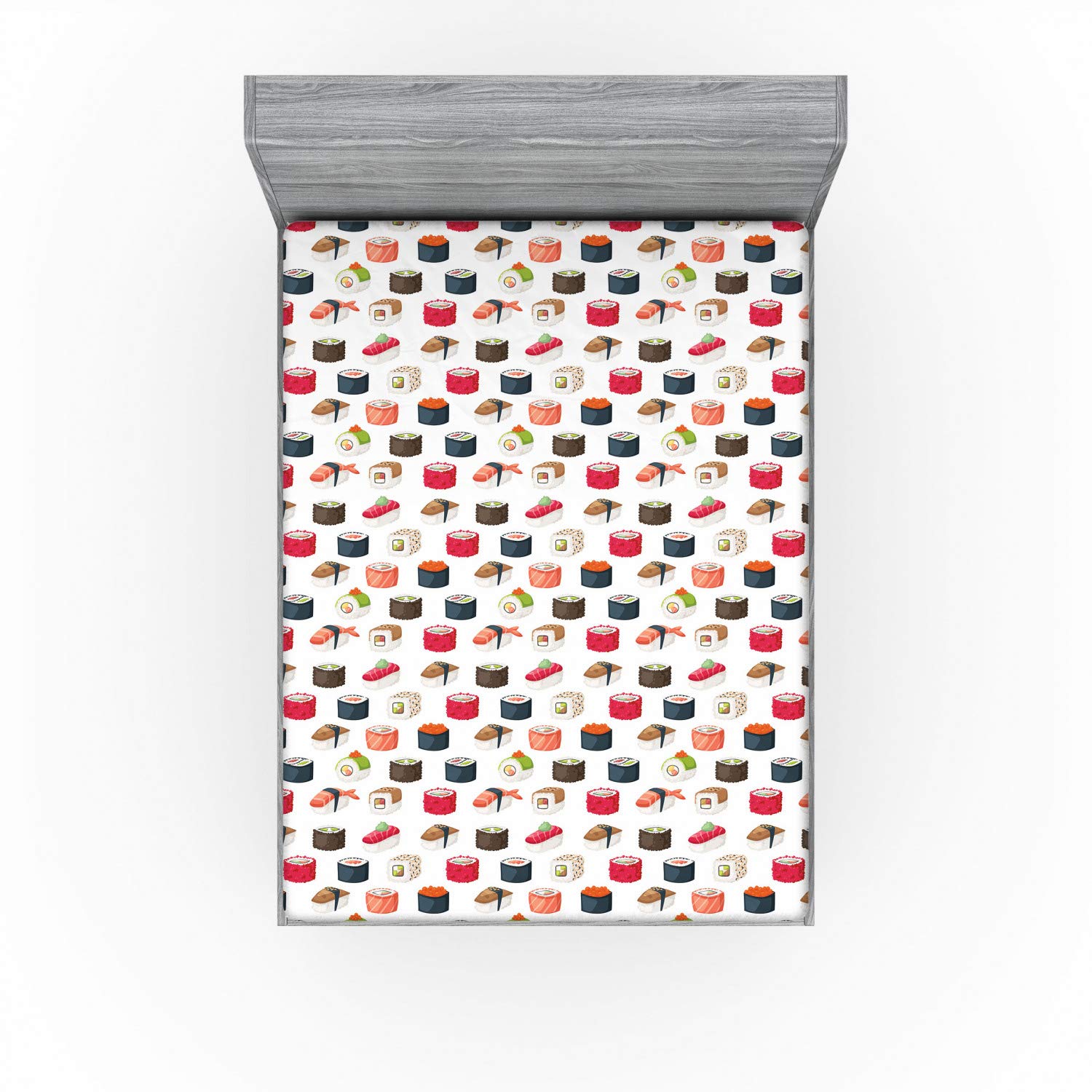 Ambesonne Sushi Fitted Sheet, Yummy Sushi Rolls Japanese Maki and Nigiri Food Rice and Tuna Traditional Meal, Soft Decorative Fabric Bedding All-Round Elastic Pocket, Full Size, Red White