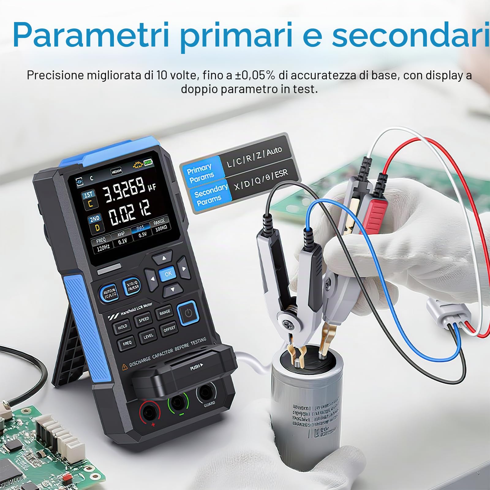 LC1020E LCR Meter 100kHz Misuratore LCR Tester Digitale per Resistori/Induttori/Condensatori, 19999 Conteggi, Multimetro LCR Misura ESR/Q/D/θ/X, Doppio Parametro/Calibrazione Aperto/Cortocircuito