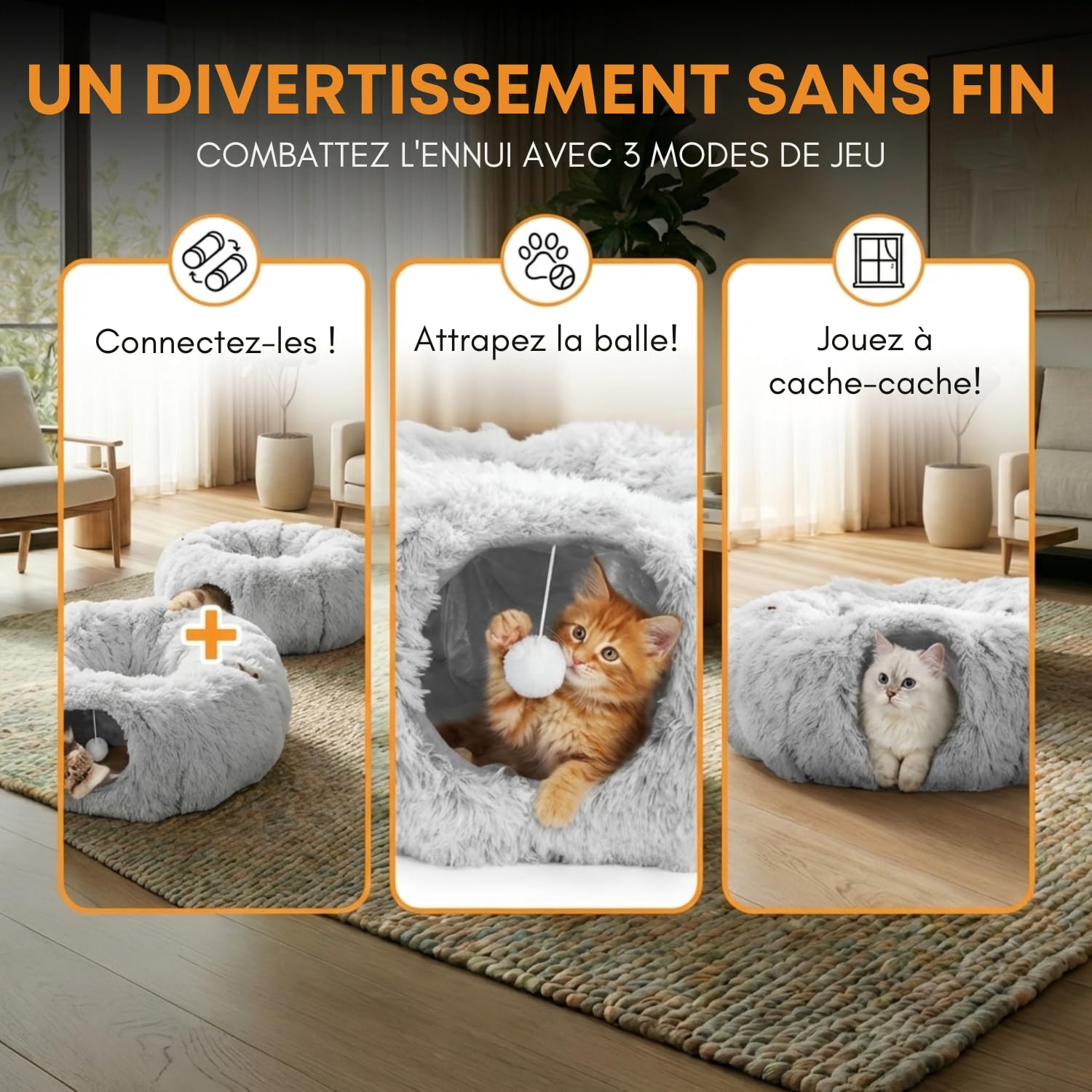 One PETS-TOP Tunnel Chat Rond XXL en Peluche Douce – Lit Tunnel Cachette Confort – Cabane Intérieure pour Chat – Cat Tunnel (Gris Perle)