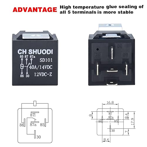 Miniatura 4 de CH SHUODI Paquete de 5 relés ignífugos de 5 pines con arnés de 40 amperios, 14 AWG, 12 V CC, 5 pines, 3040 A, 12 V, con enchufe de relé de