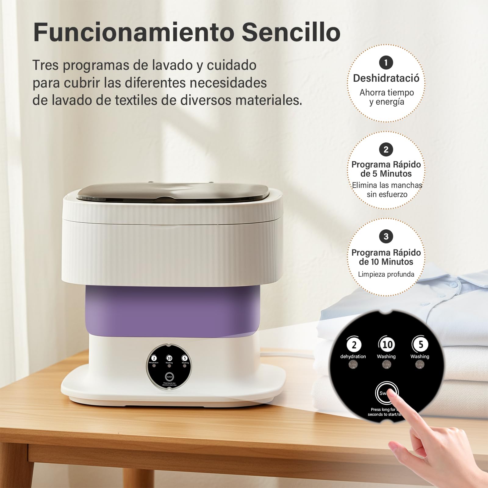 Mini lavadora plegable portátil – 10 l lavadora plegable con función centrifugado, pantalla táctil y 3 modos de lavado, lavadora portátil de camping para viajes, estudiantes, autocaravana