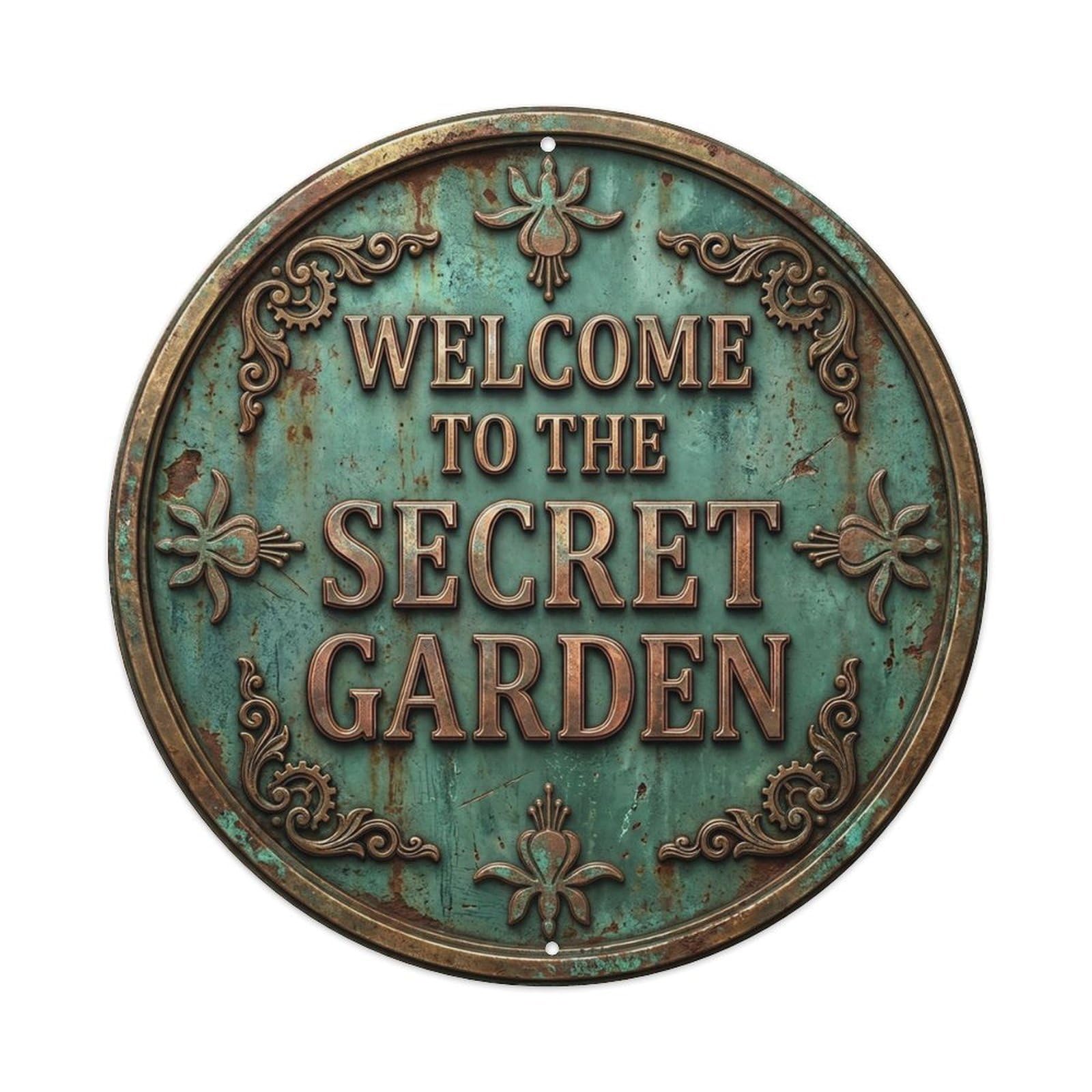 Vintage Welcome Secret Garden Copper Eucalyptus Fuchsia Metal Tin Sign