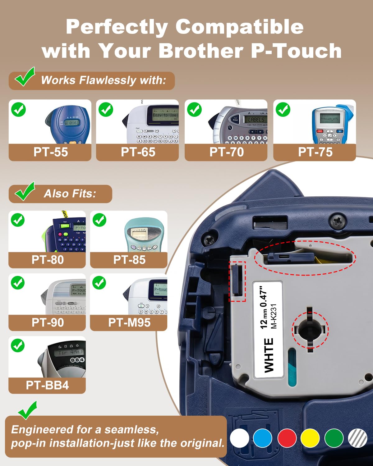 Weemay Lot de 7 rubans adhésifs couleur M compatibles avec étiqueteuse Brother 12 mm 0,47 M-K231 MK131 MK431 MK531 MK631 MK731 MK Series pour étiqueteuse P Touch PTM95 PT-90 PT-80 PT-70 PT-65 PT-45M