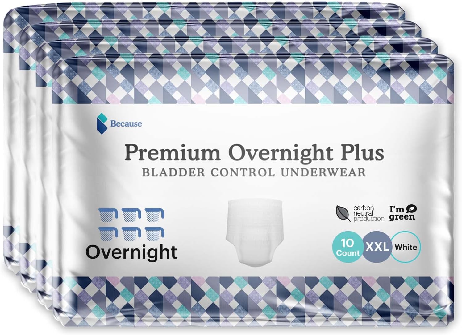 Because Unisex Premium Overnight Plus Pull Up Underwear - Extremely Absorbent, Soft & Comfortable Nighttime Leak Protection - White, XX-Large - Absorbs 6 Cups - 40 Count