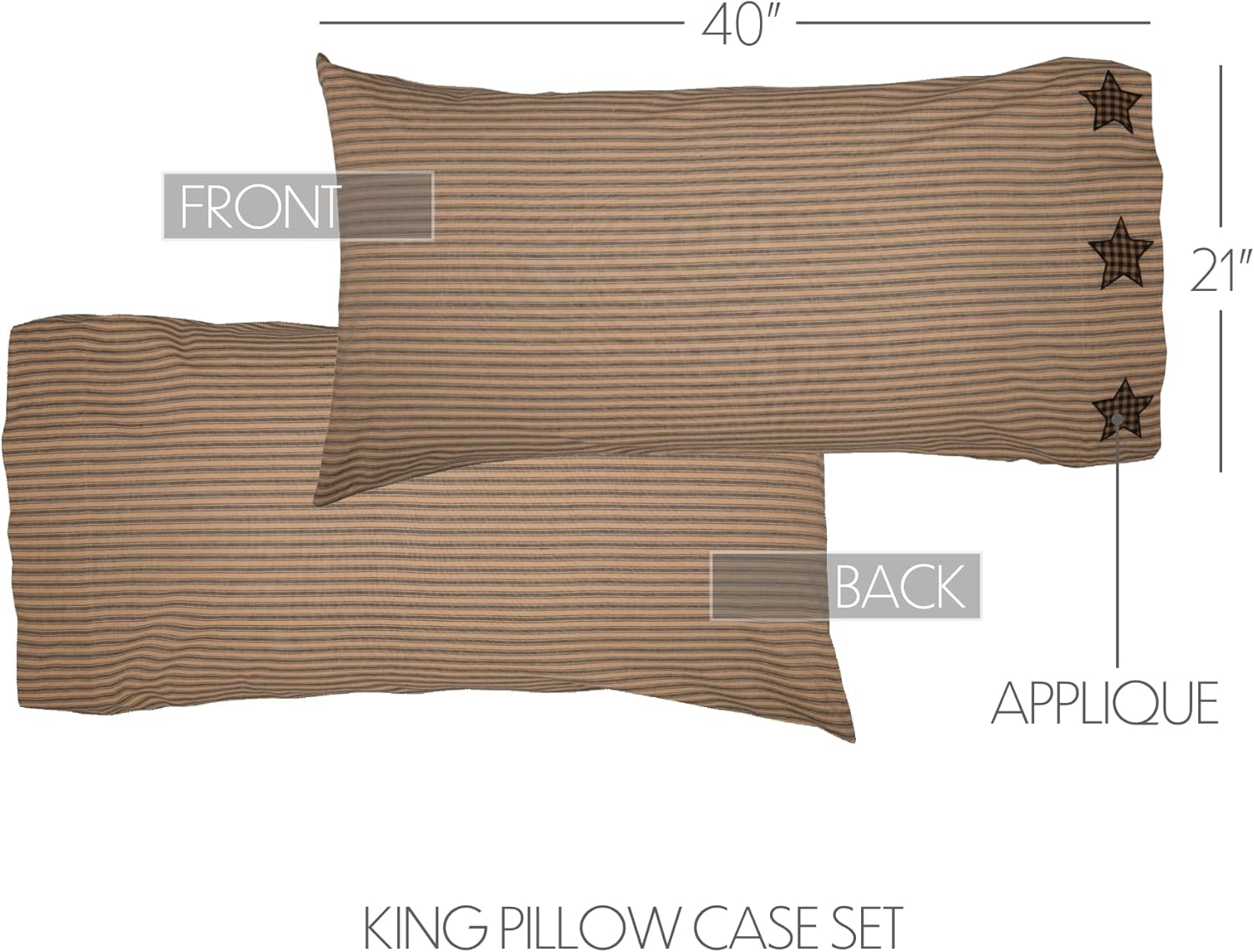 VHC Brands Farmhouse Star Appliqued Cotton Primitive Bedding King Pillow Case Set of 2, Charcoal Black