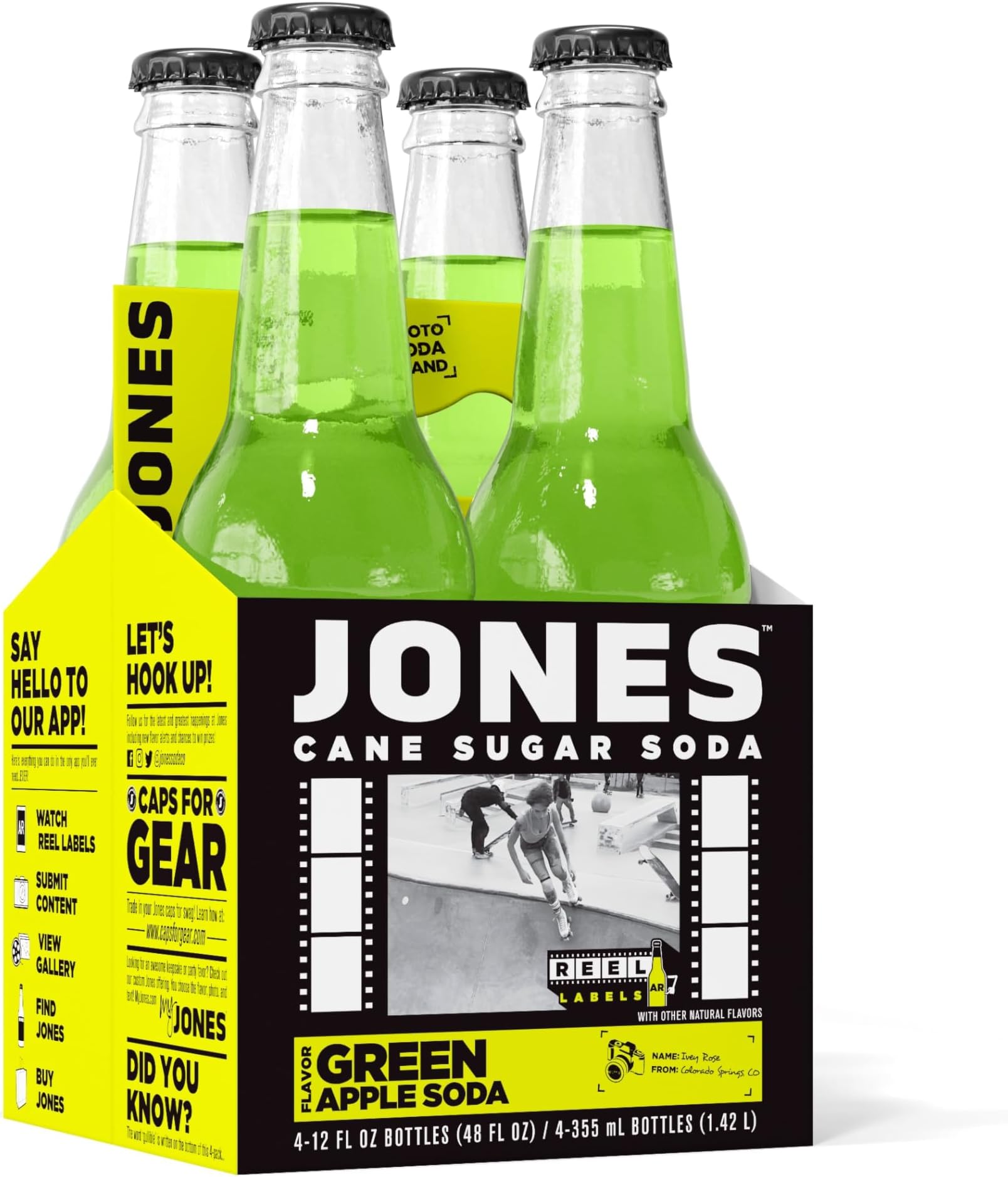 Four(4) Bottles - Jones Soda Co. Green Apple Soda Flavor | 100% Cane Sugar Soda | Craft Soda Pop | Soda Soft Drinks | Glass Bottle Soda