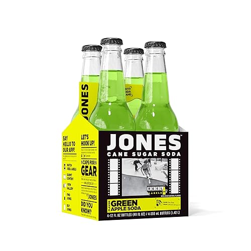 Four(4) Bottles - Jones Soda Co. Green Apple Soda Flavor | 100% Cane Sugar Soda | Craft Soda Pop | Soda Soft Drinks | Glass Bottle Soda - Pack of 4