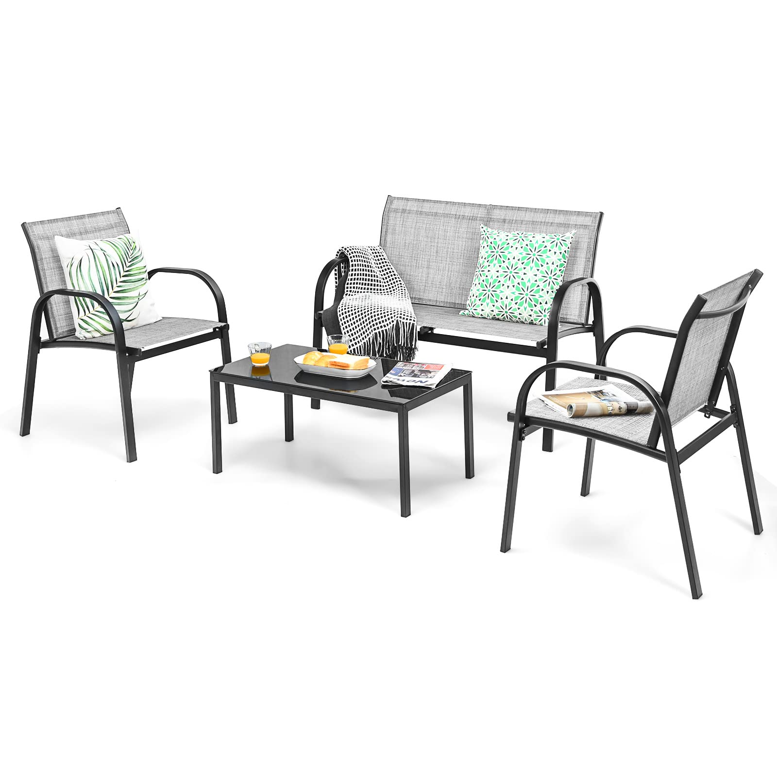 GIANTEX Set da Giardino 4 Posti, composto da Tavolino, Panca e 2 Sedie, Rivestimento in Textilene, Mobili da Esterno Comodi per Giardino e Terrazzo