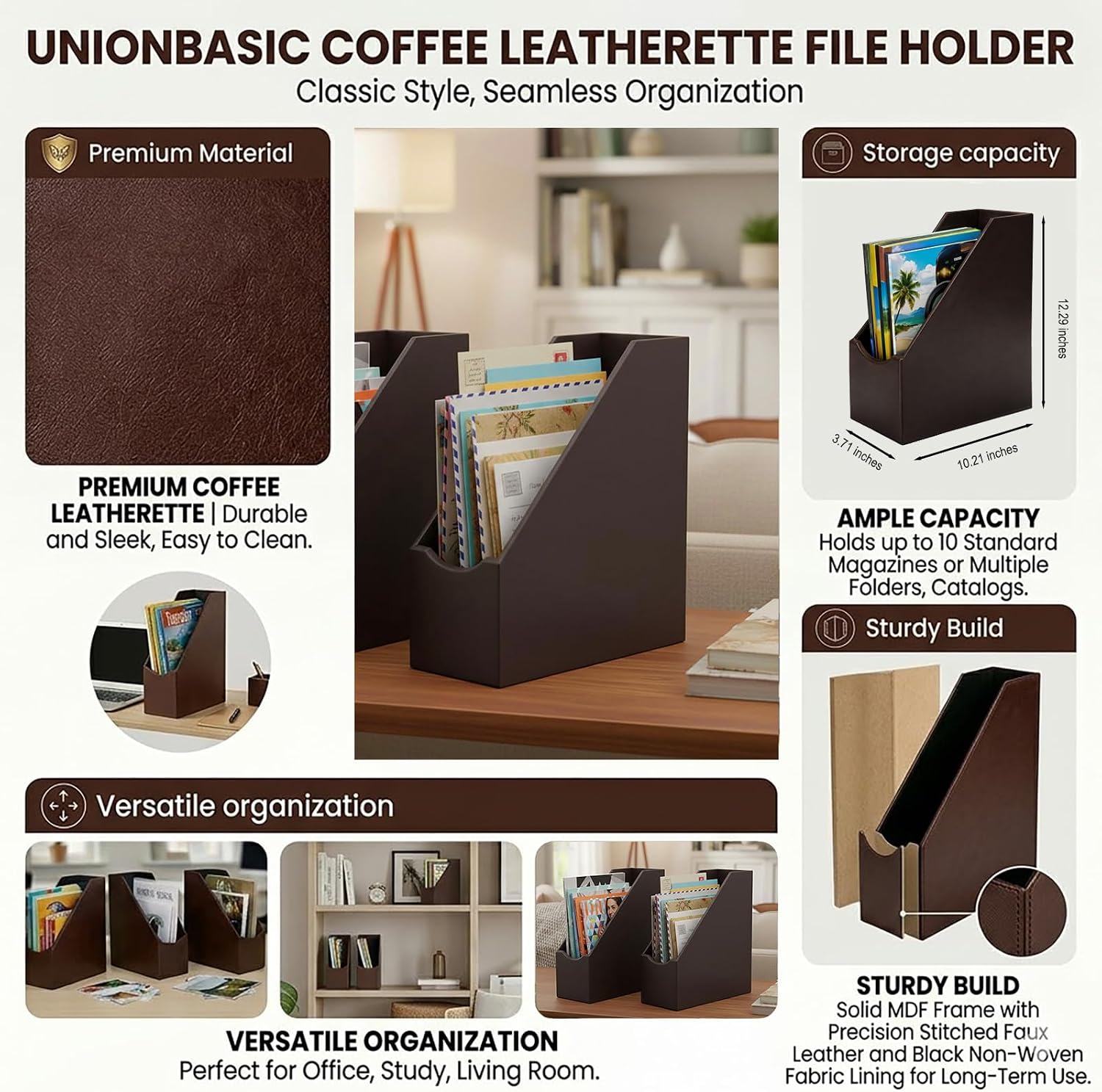 UnionBasic Leatherette Magazine File Holder, Coffee image 3