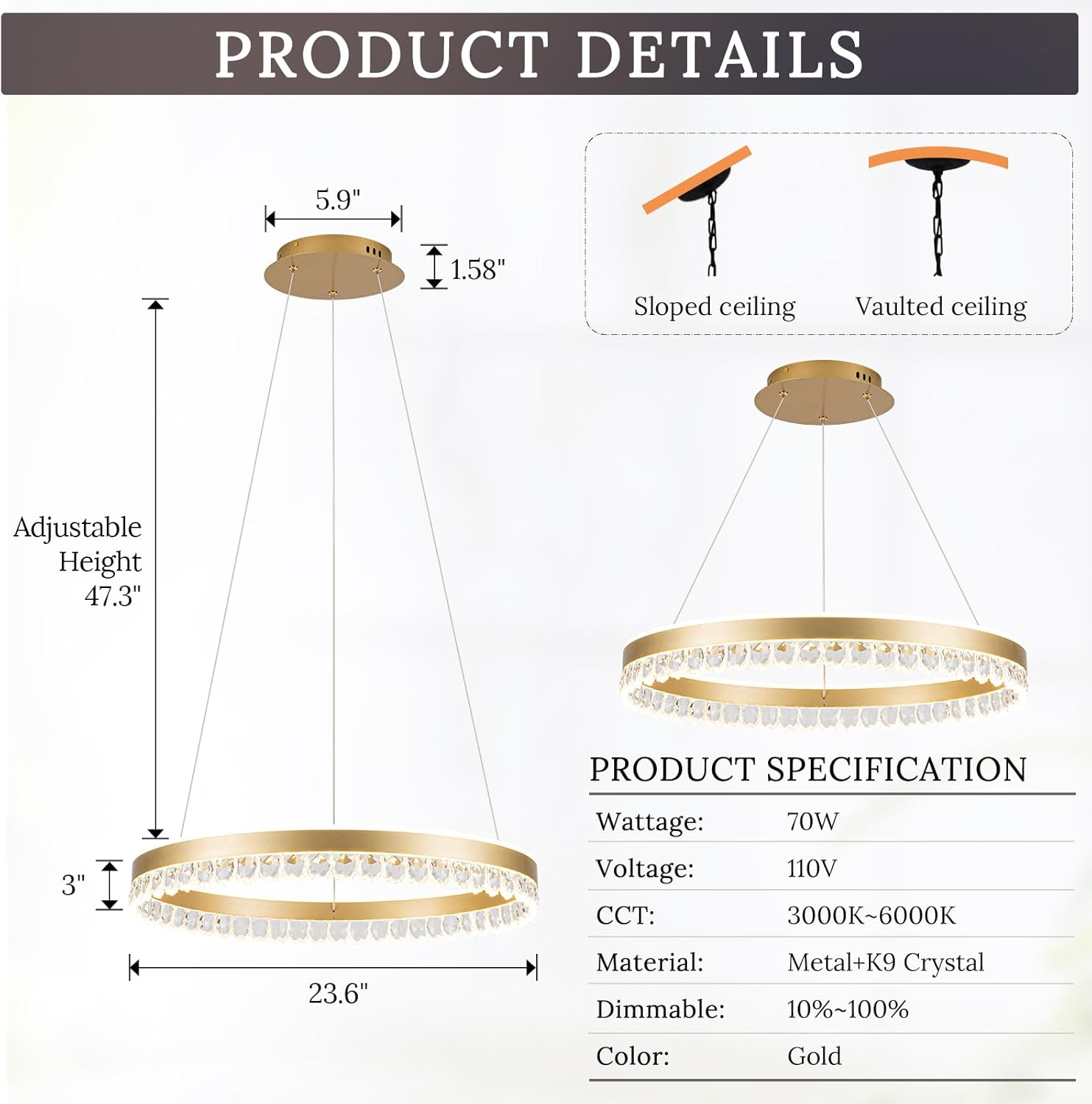 Modern Gold Crystal LED Chandelier with Remote Control, Round 23.6" 70W Dimmable Living Room Chandelier, Hanging Adjustable Ceiling Light for Dining Room Kitchen Island Bedroom