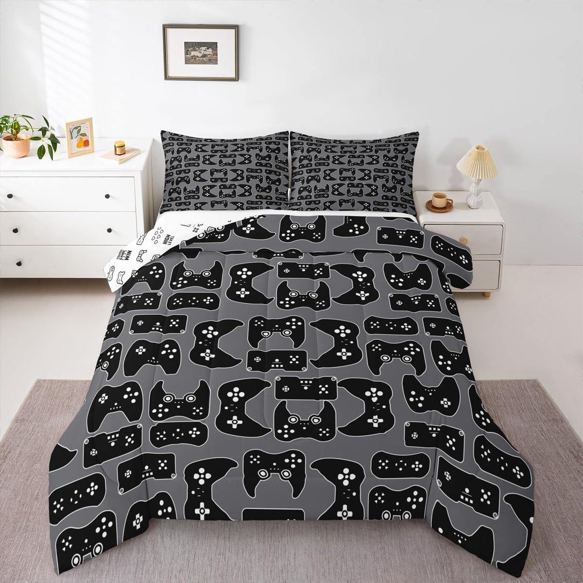 Erosebridal Gamer Comforter Set for Boys Bedroom, Teens Gaming Down Comforter Full Size for Kids Teens Youth Juvenile, Games Gamepad Bedding Set with