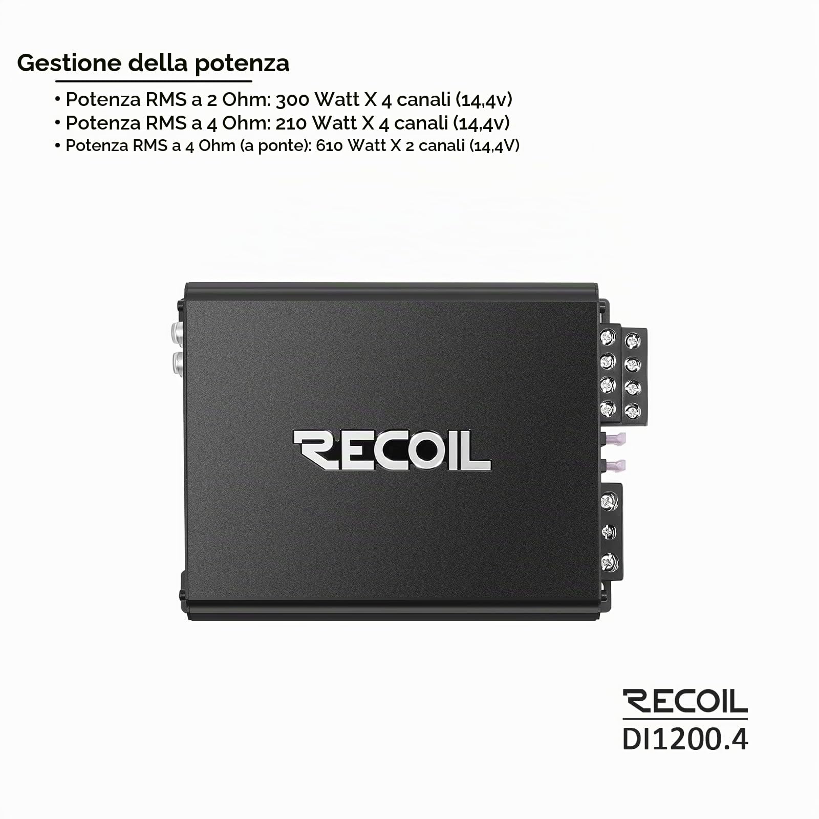 RECOIL DI1200-4 Amplificatore Auto 4 Canali Classe D Full-Range 2400W Ponte | 2400W Max, 2-4 Ohm Stabile, Alimentazione Mosfet, Ponte – Amplificatore Auto