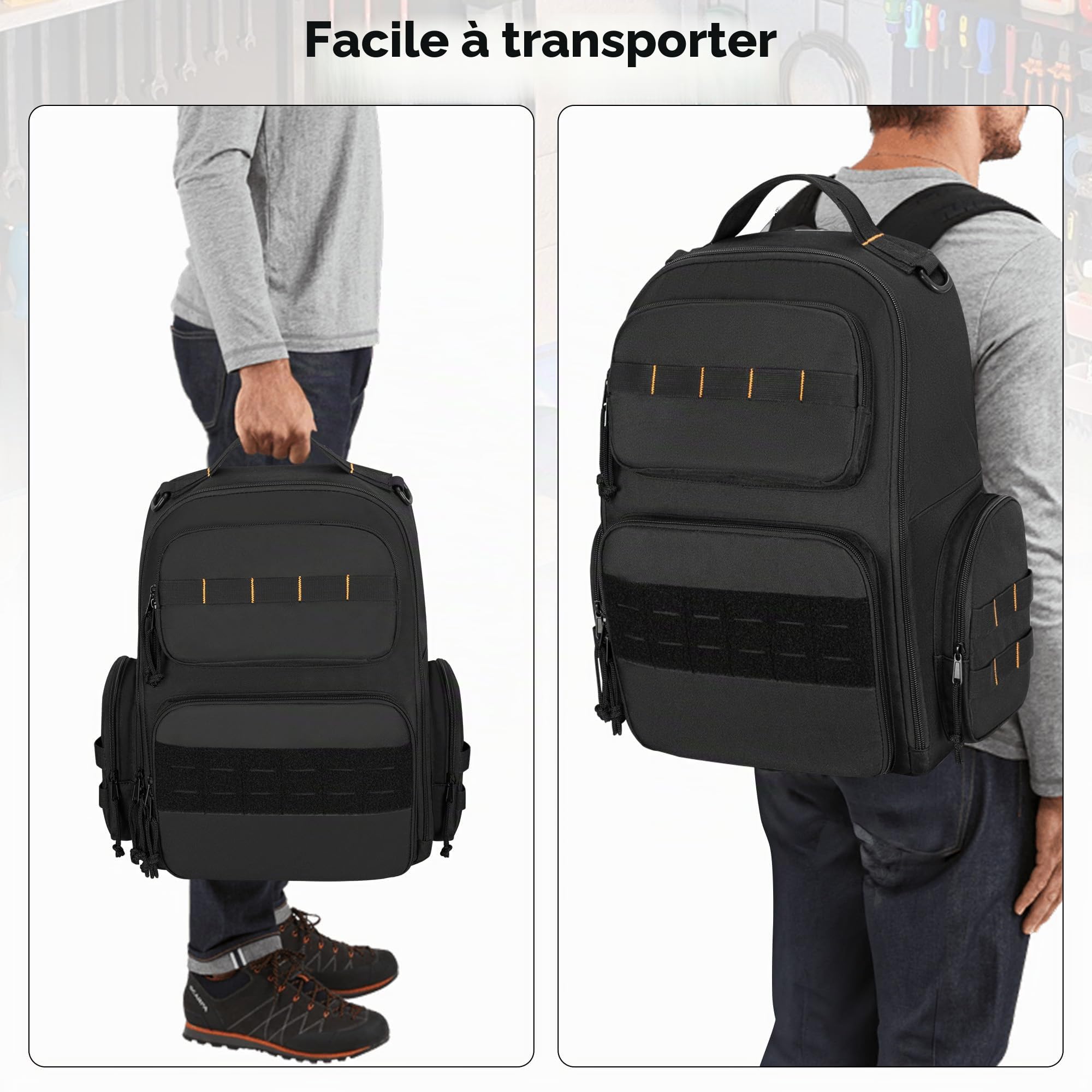 Rexmica Sac à Dos Outils pour Hommes avec 3 Pochette Zippée, Noir | Sac de Rangement d'Outils, Travail de Rangement d'Outils Tactique pour Réparateur, Électricien, Bricoleur