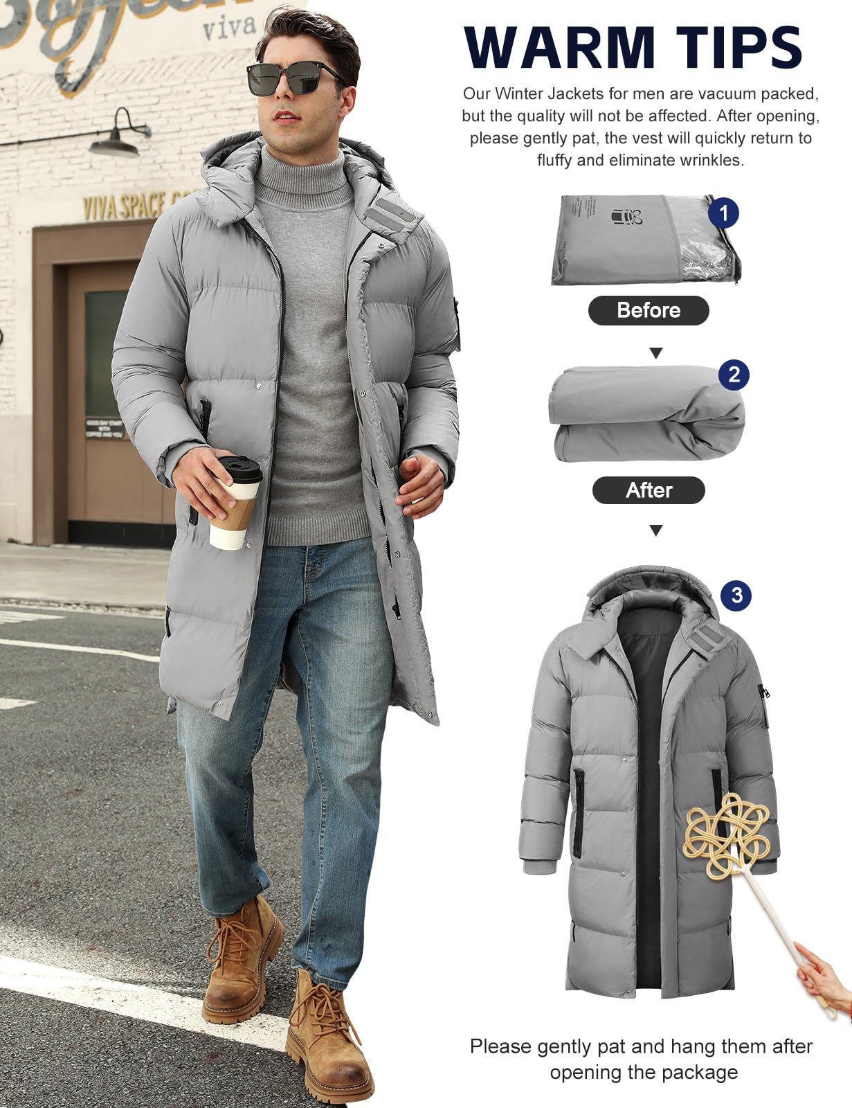 CMTOP Chaqueta Hombre Invierno con Capucha Cálido Chaqueta Acolchada Largo Hoodie Abrigo Invierno Casual Parka Cremallera Cazadora Acolchada Prueba de Viento con Bolsillos