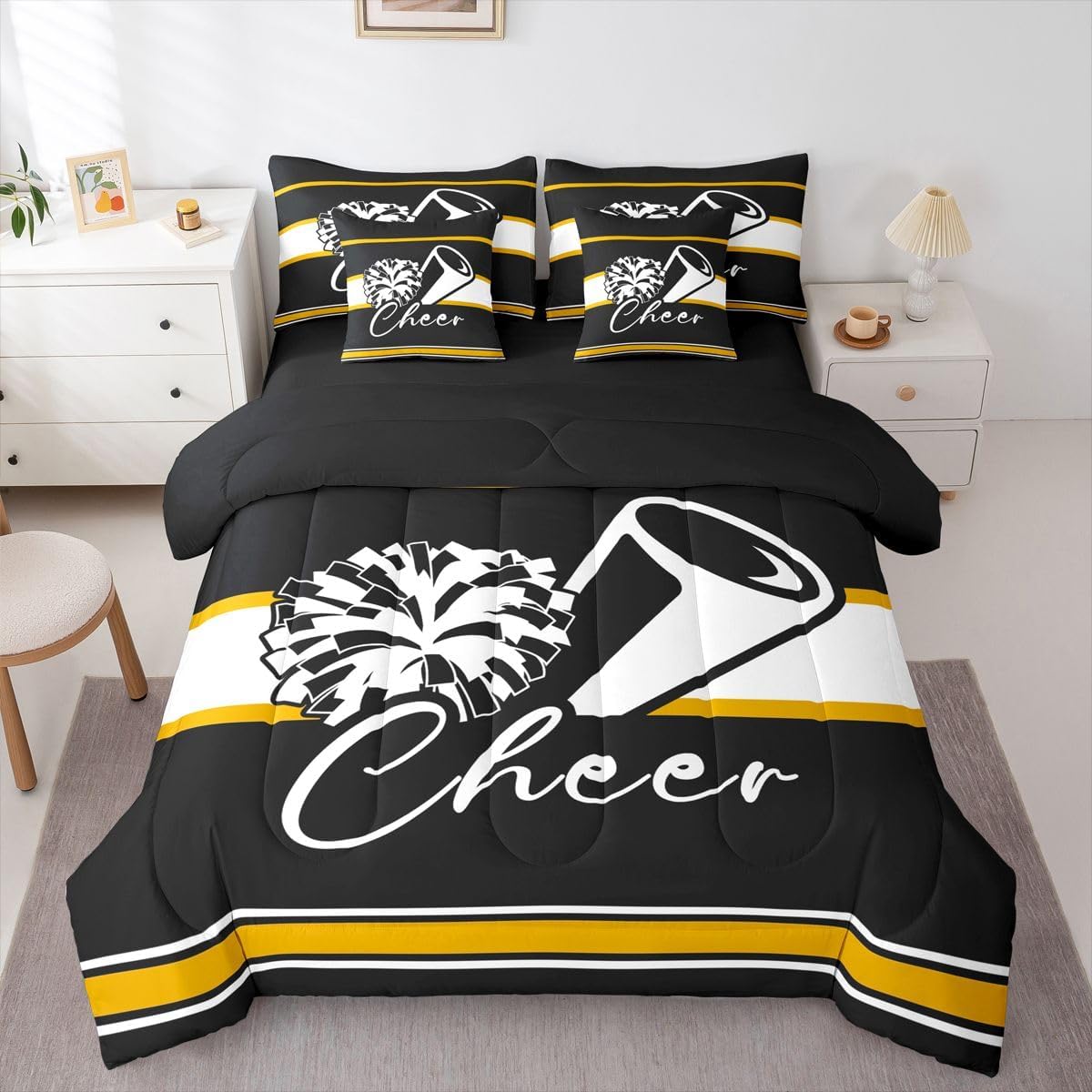 Feelyou Cheer Comforter Set Twin Size 7 Pieces Cheerleader Bedding Set for Kids Boys Girls Sport Cheerleading Team Bed in a Bag with Comforter & Sheets Sets & Cushion Covers Black Yellow Bedroom Decor