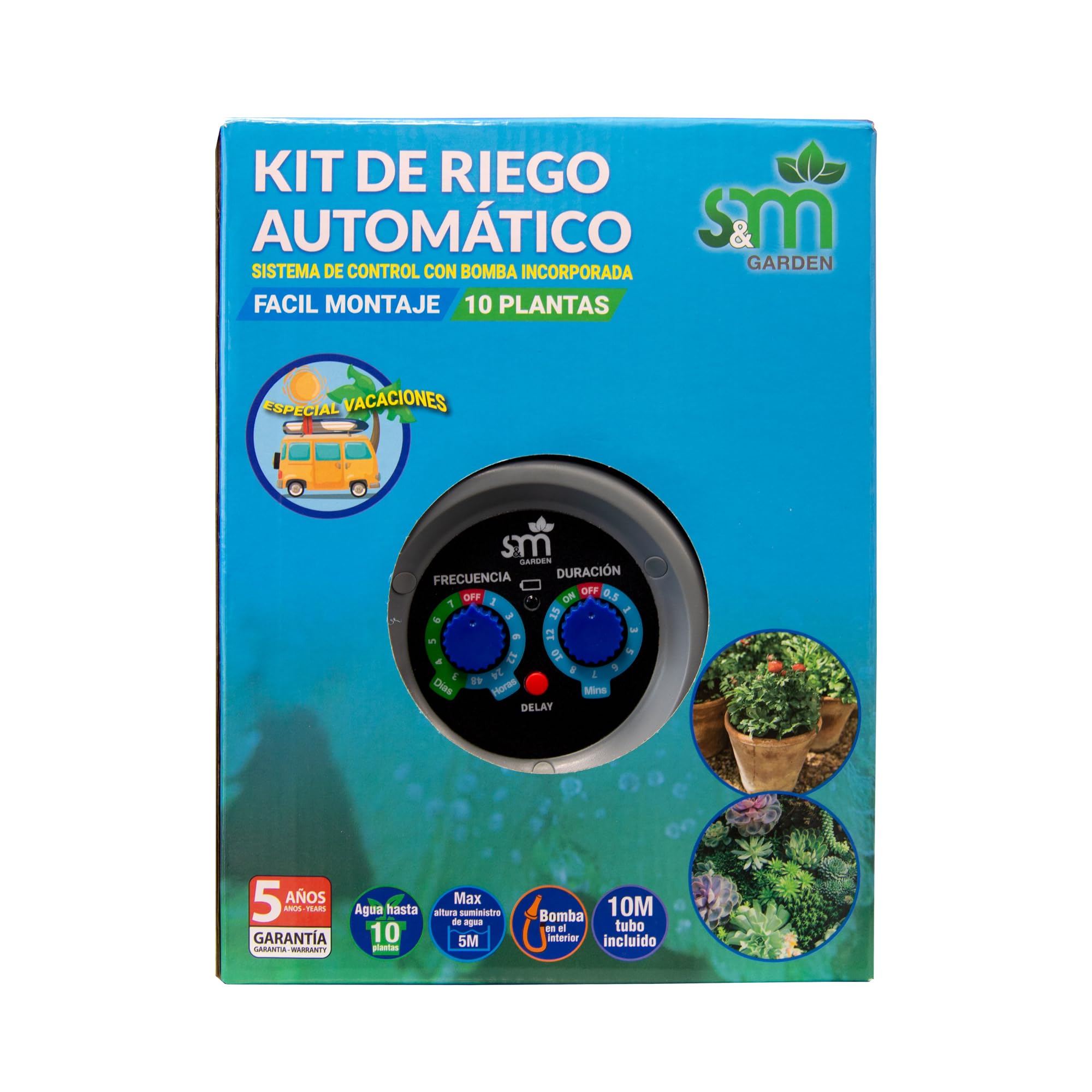 S&M 590146 – Kit de riego automático por goteo con unidad de control programable, cable de carga, tubo de PVC de 10 m, 10 goteros, 10 estacas y otros accesorios | Fácil de instalar y personalizable