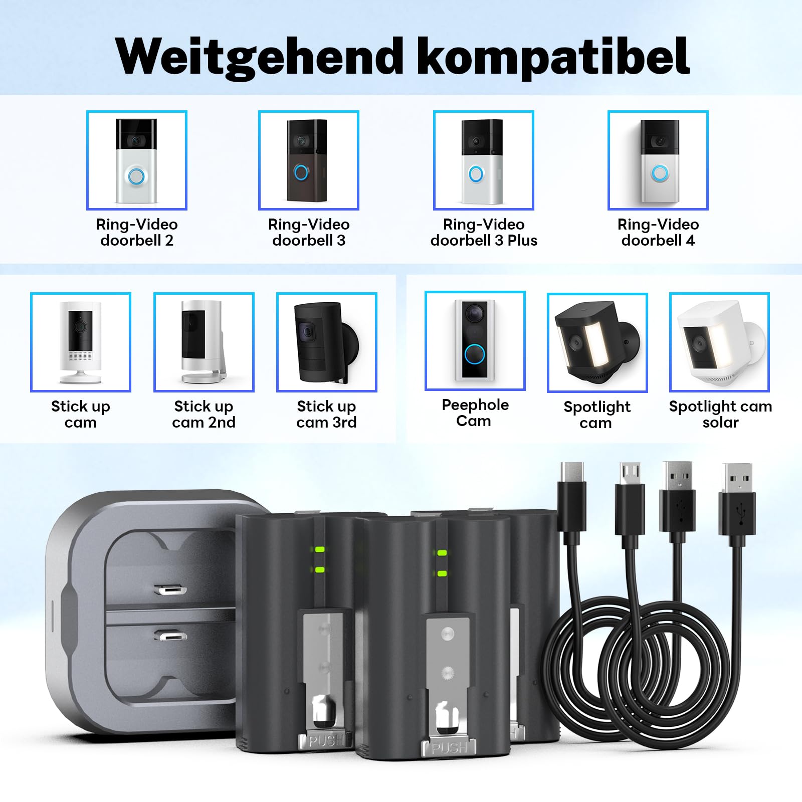 3 batterie di ricambio da 7200 mAh per Ring con stazione di ricarica, batteria agli ioni di litio ad alta resistenza, compatibile con Ring-Doorbell 2/3/4/3plus, batteria Stick Up Cam (2a/3a