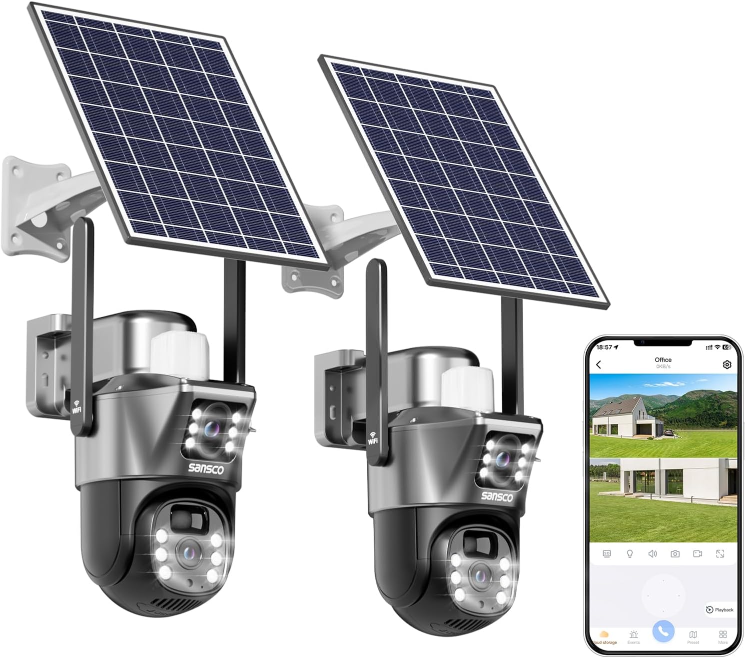 SANSCO 4MP Wireless Solar Security Cameras, WiFi Cameras Outdoor for Home Security, 360° PTZ Surveillance Camera with Dual Lens, Night Vision, 2-Way Audio, PIR Motion Detection (2 Pack)