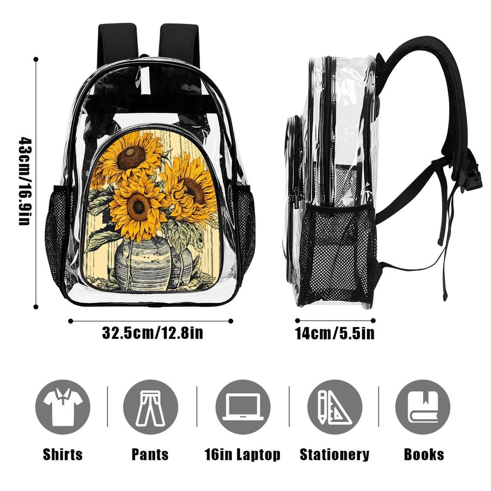 Transparenter Rucksack mit Sonnenblumenmuster, groß, transparent, PVC, Büchertasche für Sicherheit, Arbeit, Reisen, Stadion