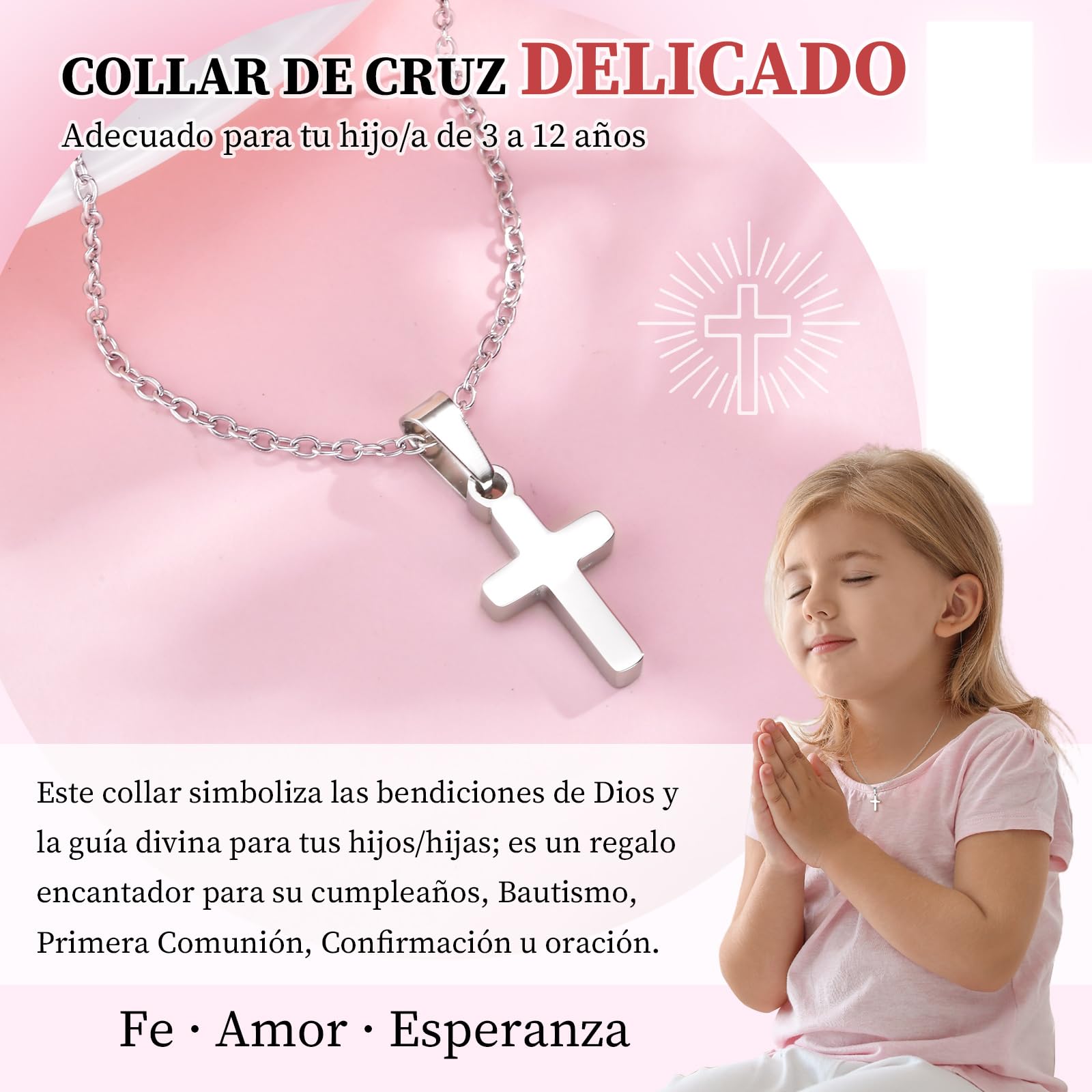 Regalos Comunion Niña Niño - Colgantes Cruz Cadena de Acero Inoxidable 316L en Plateado u Dorado, Collar para Navidad Cumpleaños, Regalo de Bautizo primera comunión y Confirmación para Niños Niñas