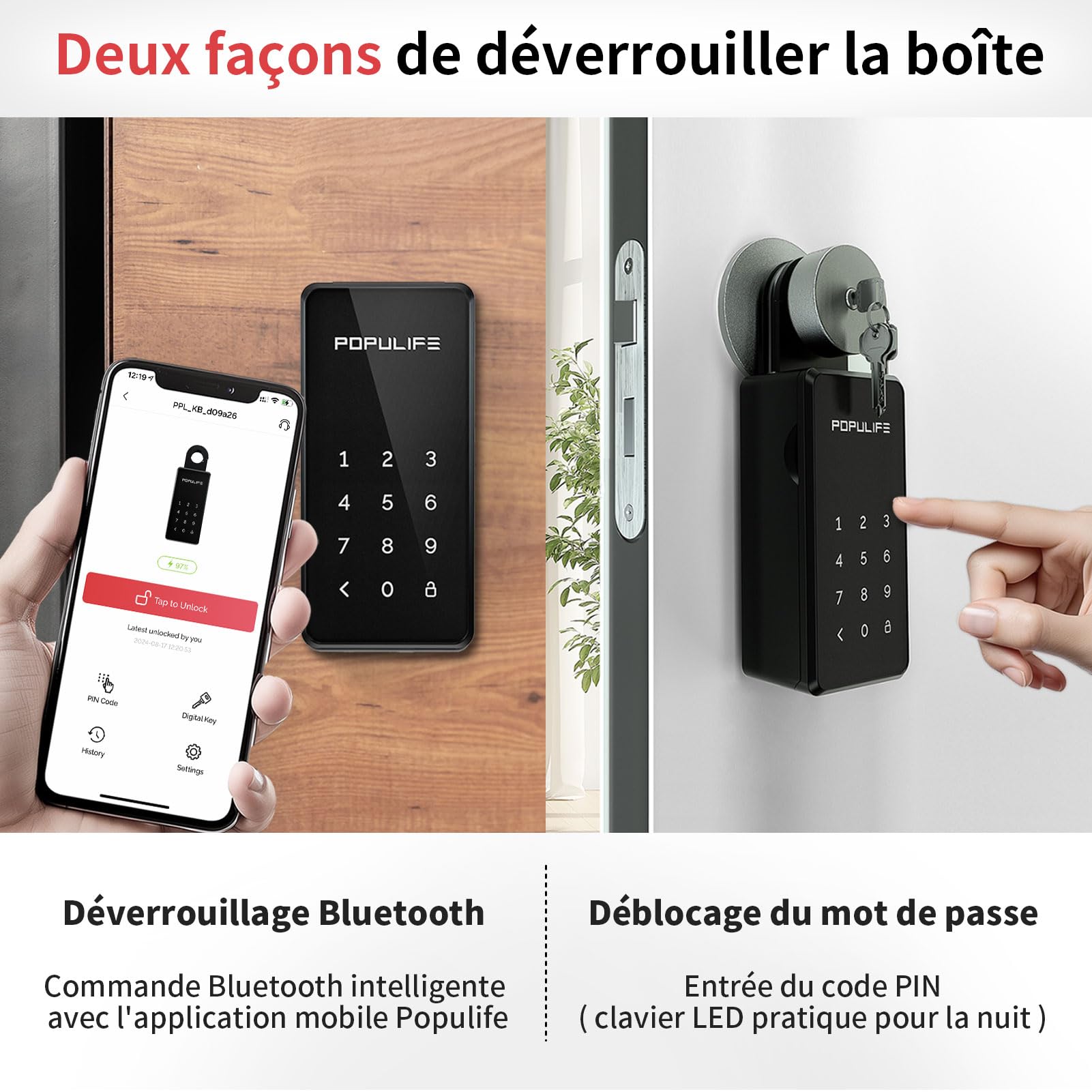 Populife Boite a Clef WiFi avec Passerelle, Contrôlable à Distance Boite a Clefs Securisee Exterieur Intelligente, Boite à Clé Bluetooth sans Fil Montable au Mur et sur Poignée, Étanche IP66