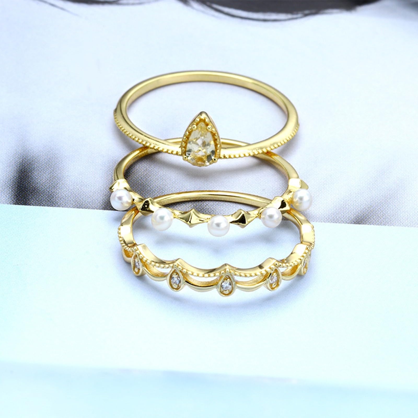 Verlobungsring Gold, Damen Vintage Trauring 3-teiliges Set mit Kristall und Perle, Moissanit aus Gelbgold