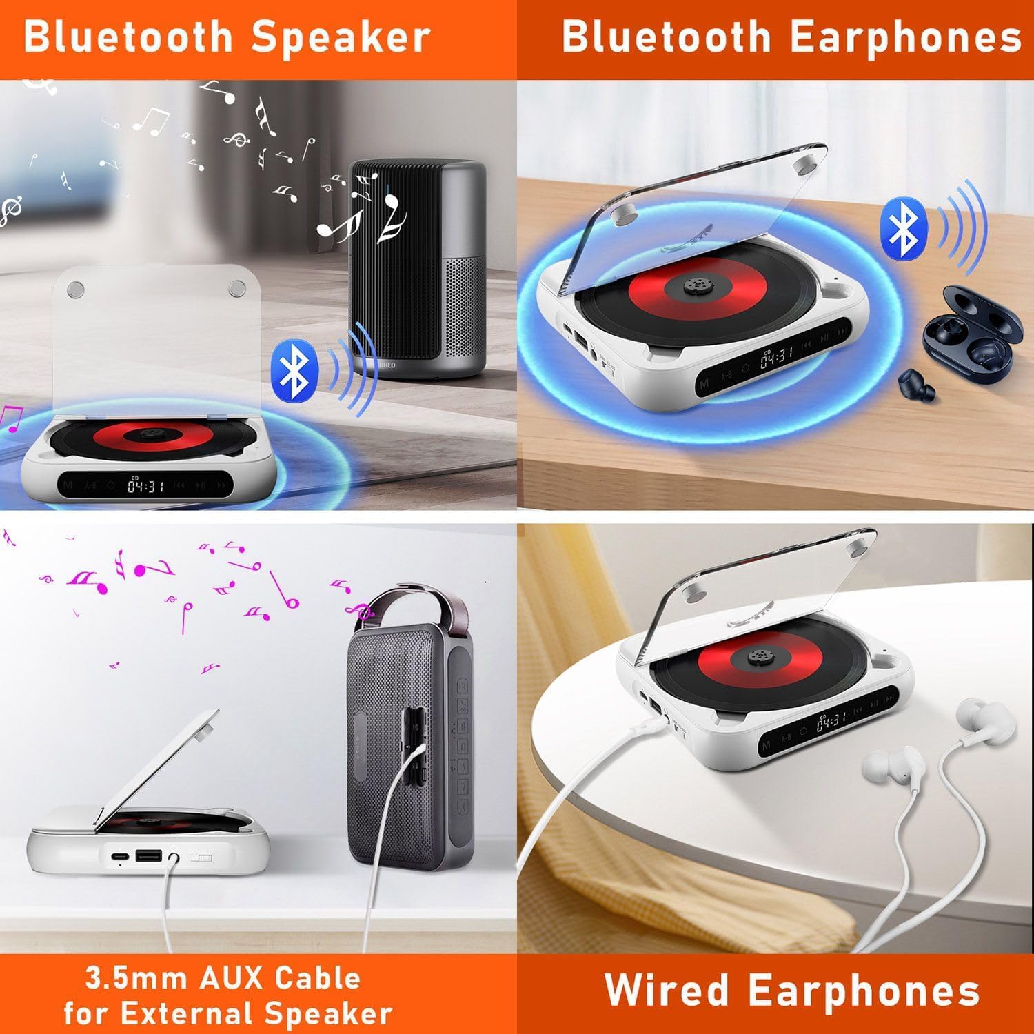Lettore CD Bluetooth con Radio FM, Altoparlante Stereo Portatile, Display A LED, Lettore Musicale Montabile A Parete per Casa E Viaggi.