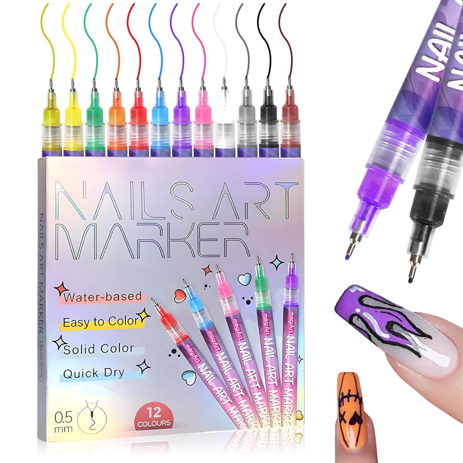 12 Color Nail Art Pens, Nail Art Pens for Painting Nails, 2026 Upgrade Nail Art Marker 0.5mm , Nail Art Markers Acrylic Paint Pens, Waterproof and Quick-drying Nail for DIY Nails Art Design (Set A*2)