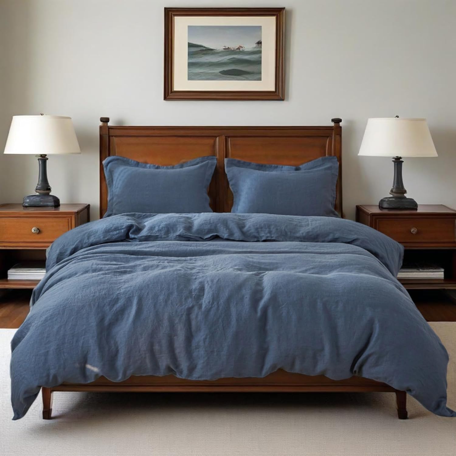 Simple&Opulence 100% Linen Duvet Cover Set, 3 PCS Classic Blue Duvet Cover King Size, Breathable Soft Comfy Linen Bedding Comforter Cover with 2 Pillowcases(Classic Blue, 104"x92") - Image 3