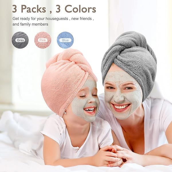 BEoffer 3 Pack Microfiber Hair Towel BEoffer Super Absorbent Hair Wraps for Women Wet Hair, Fast Drying Hair Turban, Hair Caps with Buttons for Drying Curly, Long & Thick Hair Anti Frizz (Gray+Pink+Blue) in use