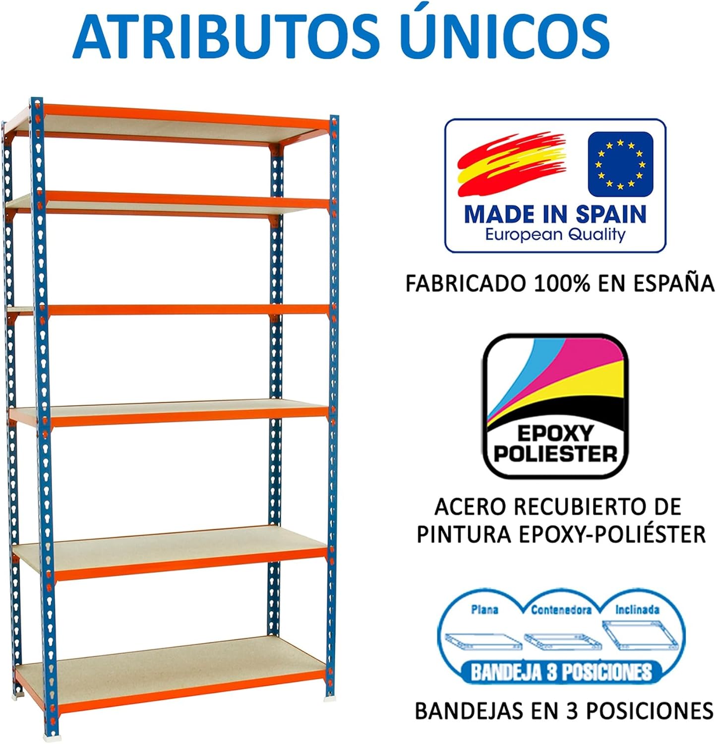 Simon Rack Metal Shelf, 2500x900x300 mm, 6 Heights, Wood Tray, 150 kg Flex Point, Storage Shelf, Blue/Orange/Wood - Maderclick