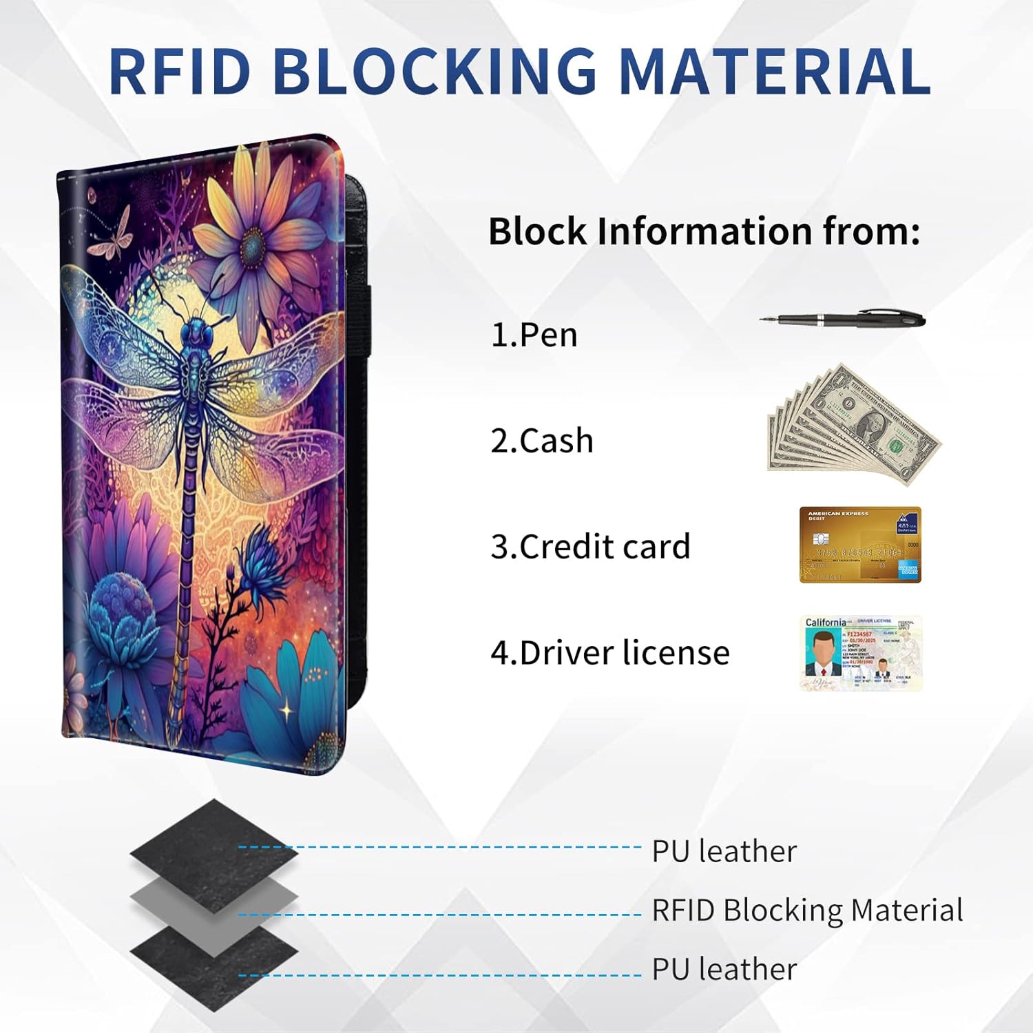 DEGDFSGR Checkbook Cover - PU Leather Standard Duplicate Register Check Card Book Holder Wallet with RFID Blocking Function for Girl Men Women, Flowers Dragonfly - Image 4